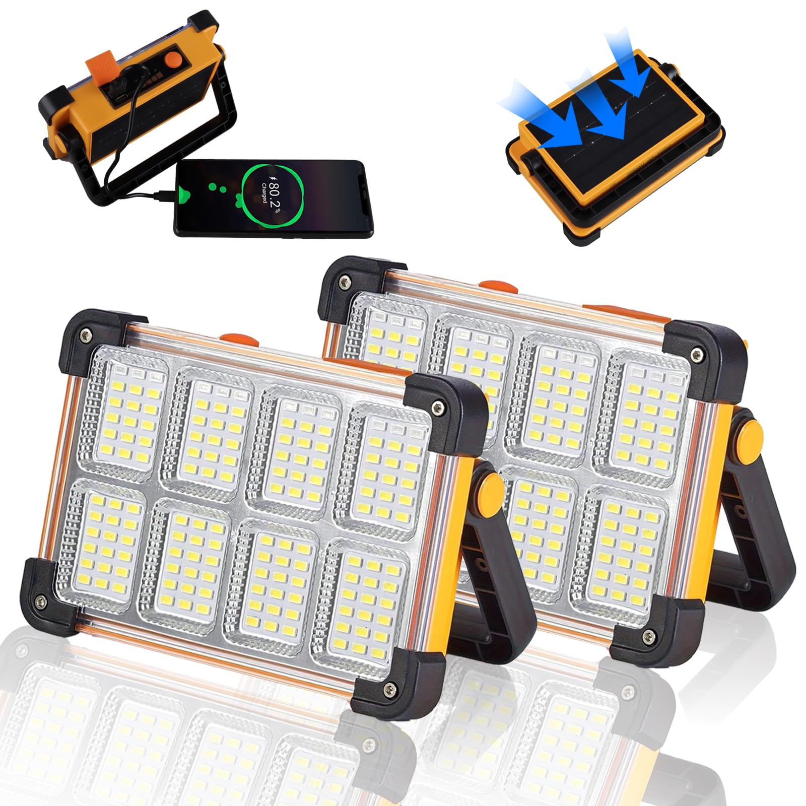 YXQUA 2 Pack 120W Solar Work Light, 144 LED 10000LM, IP66 Waterproof, Portable with Stand, Yellow, Model LP-246145-2