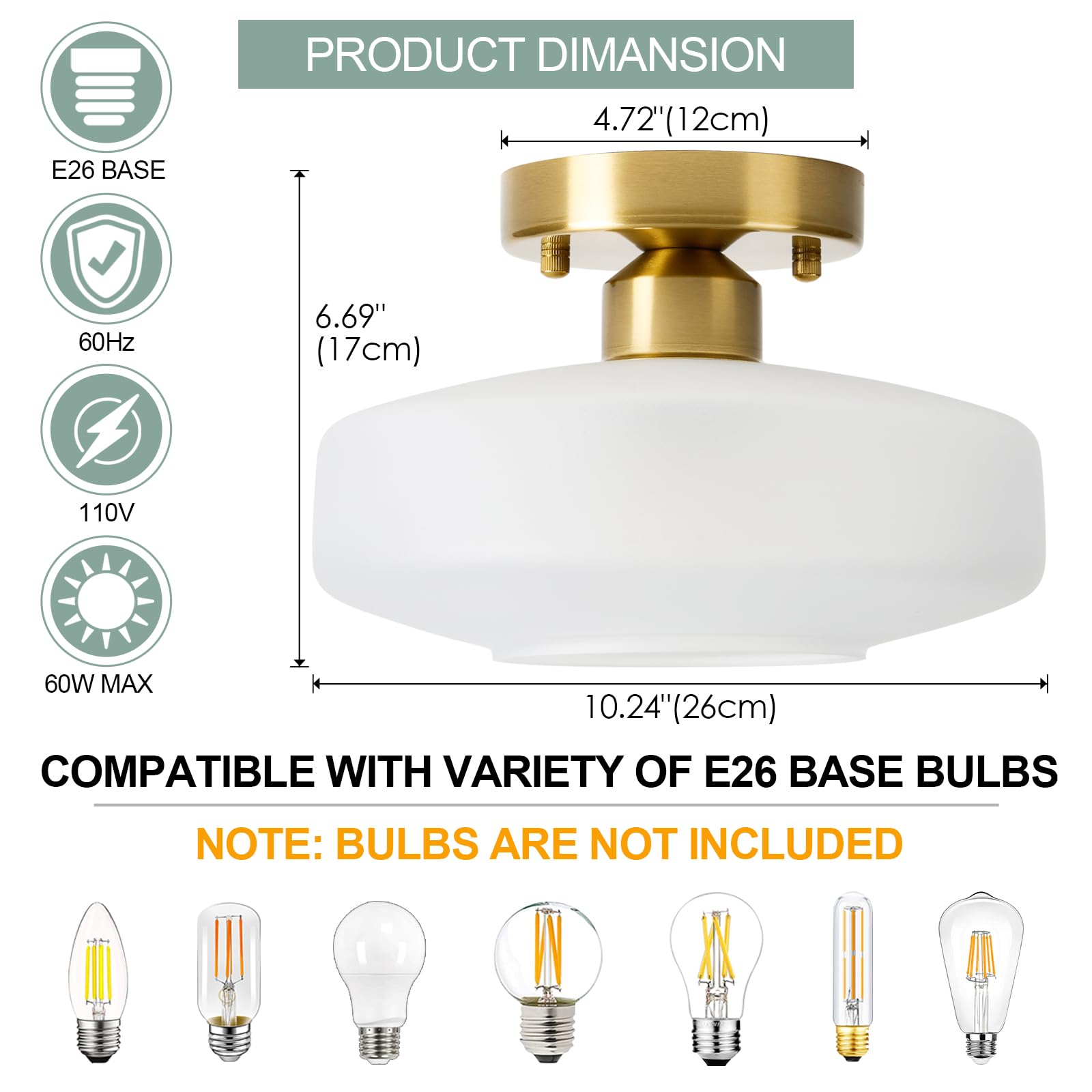 Huawiya Flush Mount Light With Frosted Glass Shade, Brass Gold Finish Ceiling Light Fixture For Kitchen, Hallway, Entryway, Bathroom, Closet