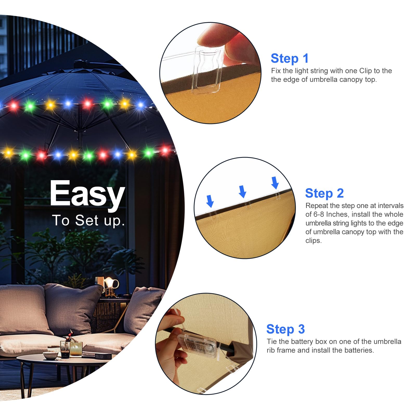 Patio Umbrella Lights Cordless LED Market Table Umbrella Lights with Remote Control Battery Operated Waterproof Parasol String L