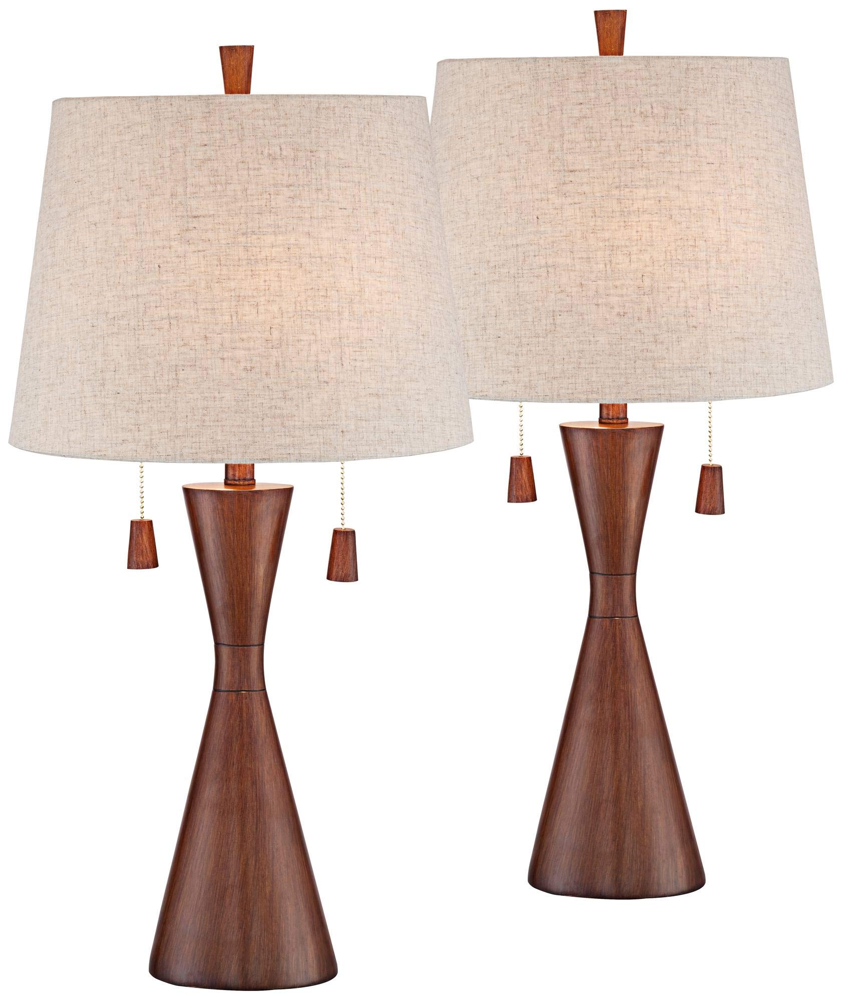 360 Lighting Omar Mid Century Modern Chic Style Table Lamps 28.75'' Tall Set Of 2 Warm Brown Wood Oatmeal Tapered Drum Shade Dec