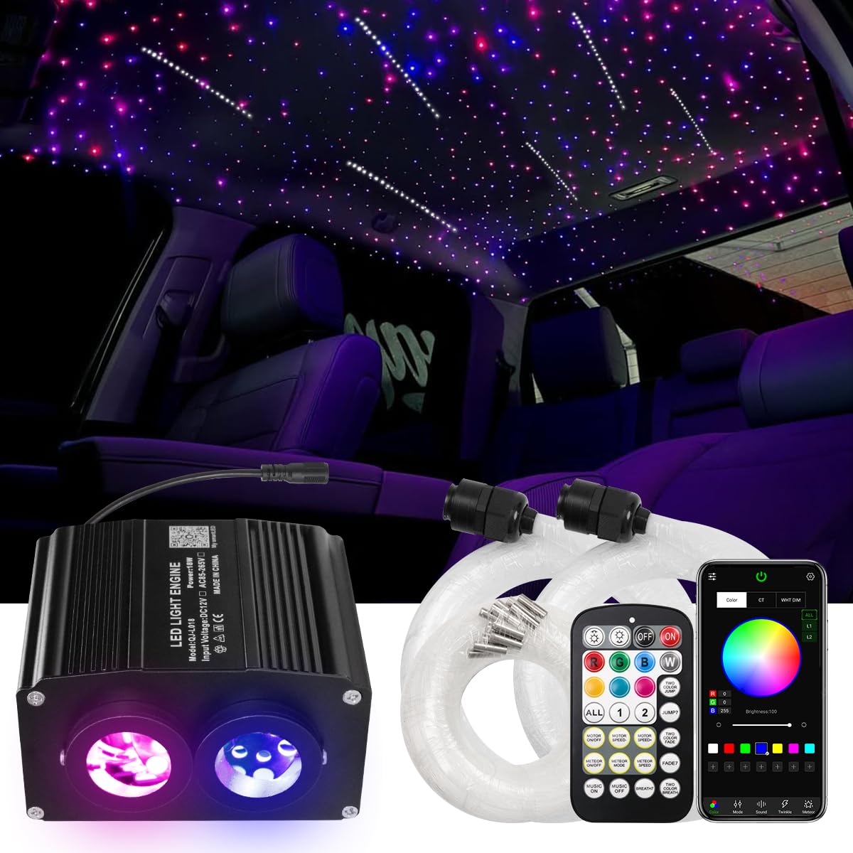 AMKI Dual Color 18W Twinkle&Meteor Starlight Headliner Kit 1200pcs 0.03in 13.1ft+240pcs Pure White Shooting Star,Updated 2 in 1 