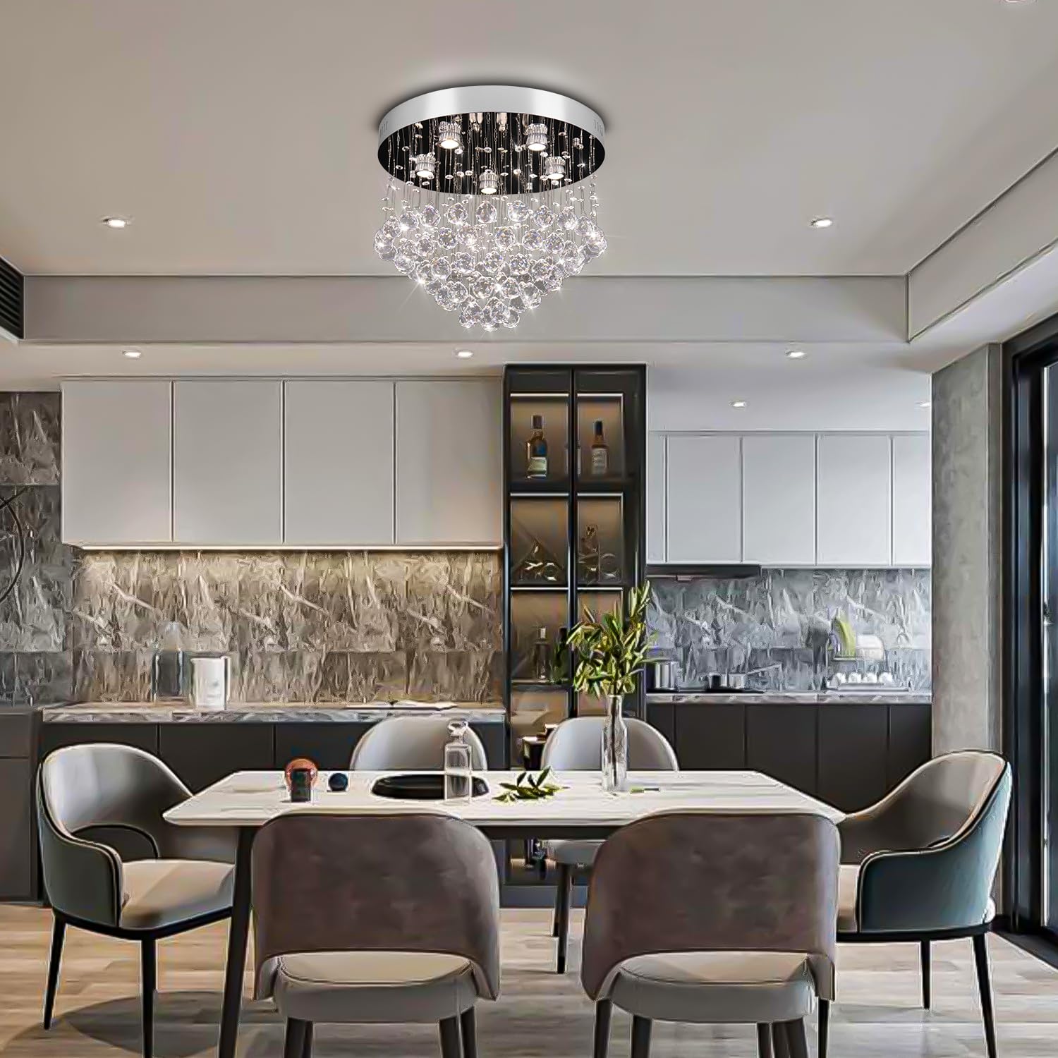 Finktonglan Modern Crystal Led Chandelier 19.6&quot; Stainless Steel Flush Mount For Bedroom & Dining Room