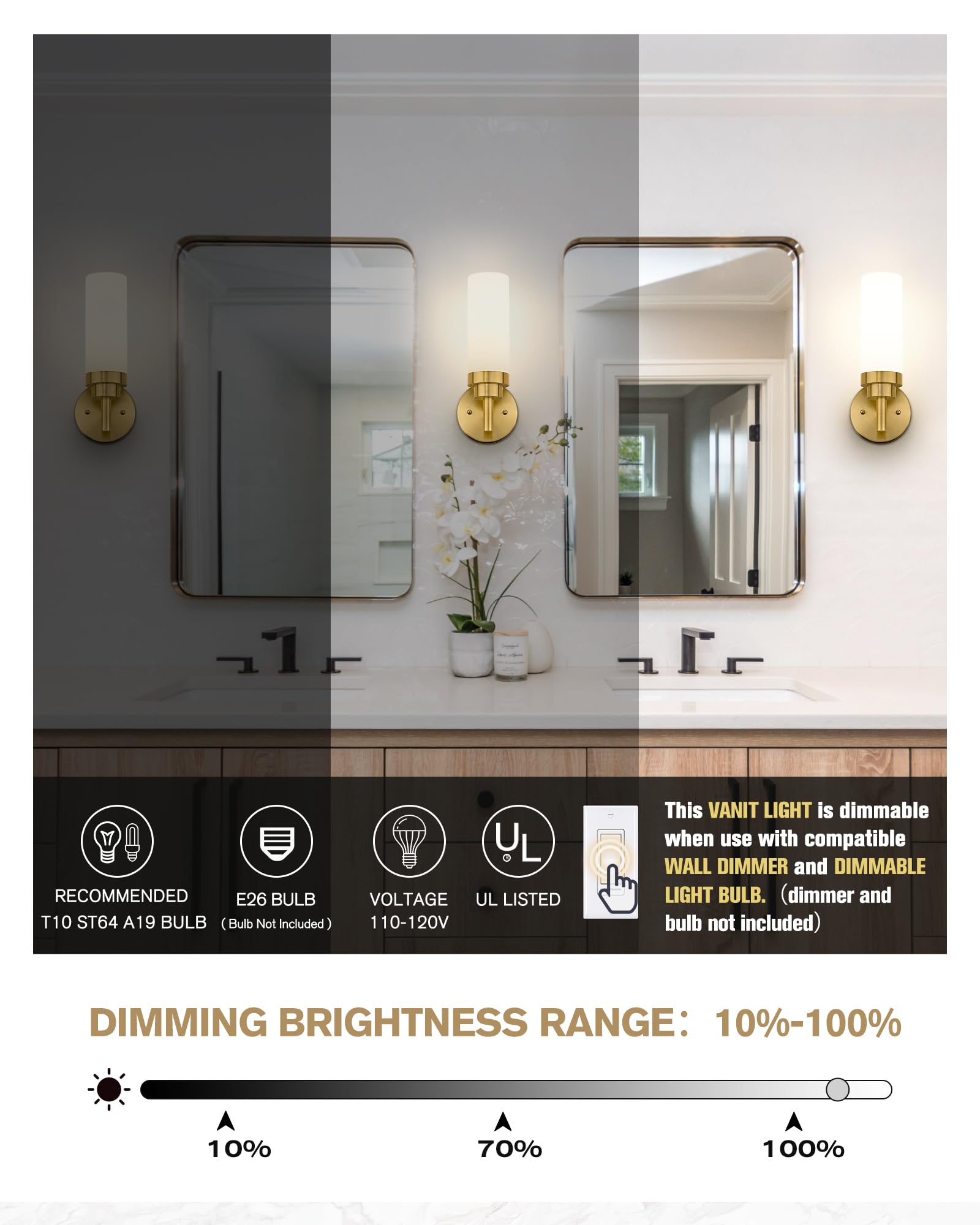 Emak Modern Brushed Gold Wall Sconces Set of 2, 13" Milk Glass Shade Lighting, Model WS085-BGD-ML-2PK for Bathroom & Hallway