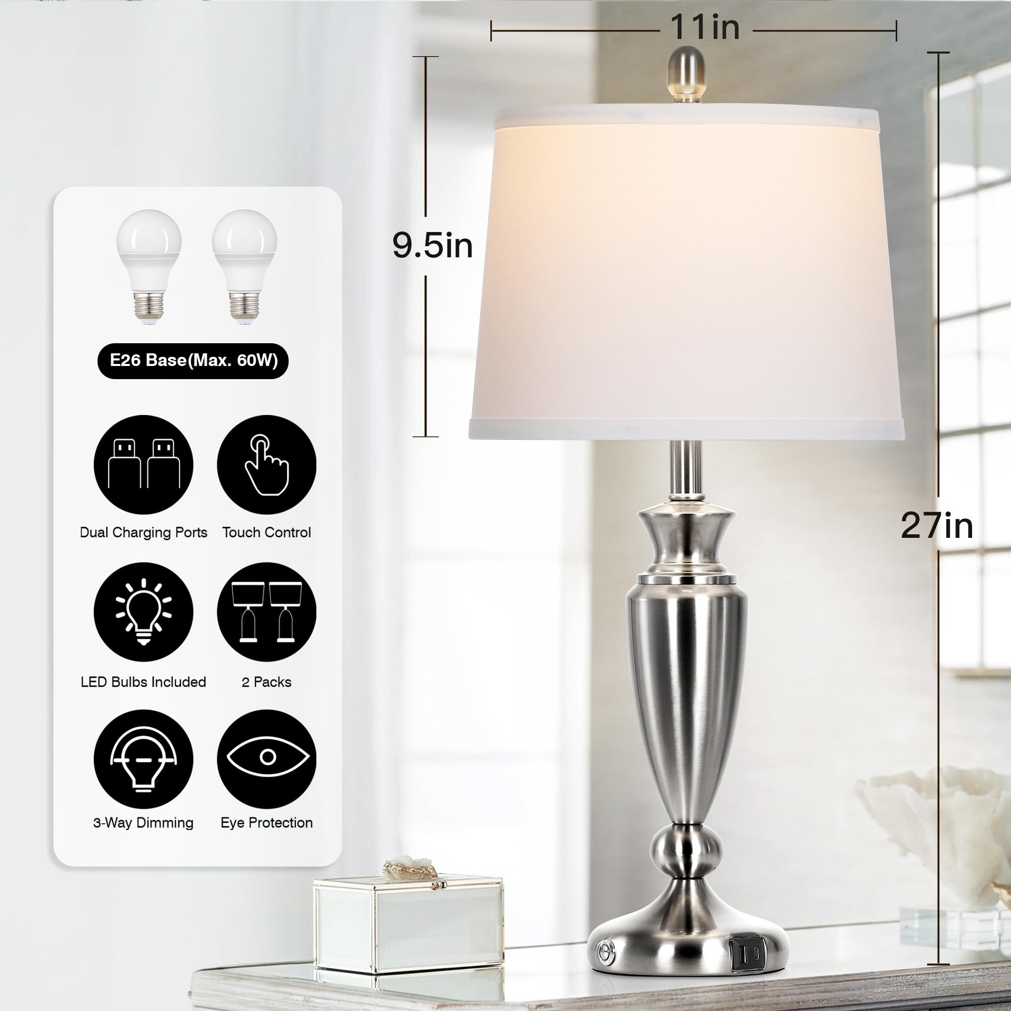 Rinweey Metal Table Lamps Set Of 2, 3 Way Touch Control Silver Bedside Lamps With Usb A+C Ports, Modern Brushed Nickel Nightstan