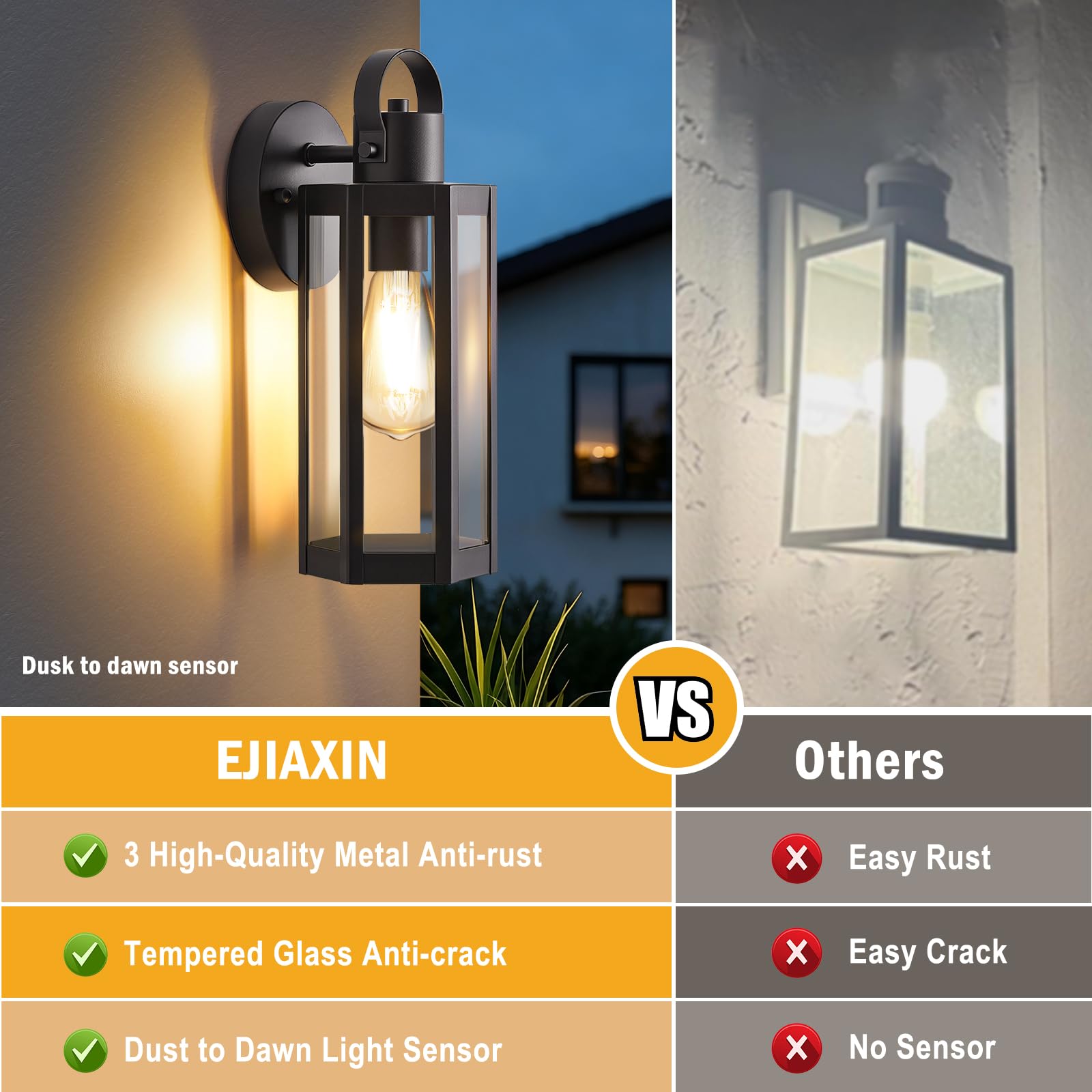 EJIAXIN Outdoor Wall Light Fixtures - 2 Pack Black Metal Sconce with Clear Glass - Waterproof Modern Lanterns for Porch, Patio, Garage