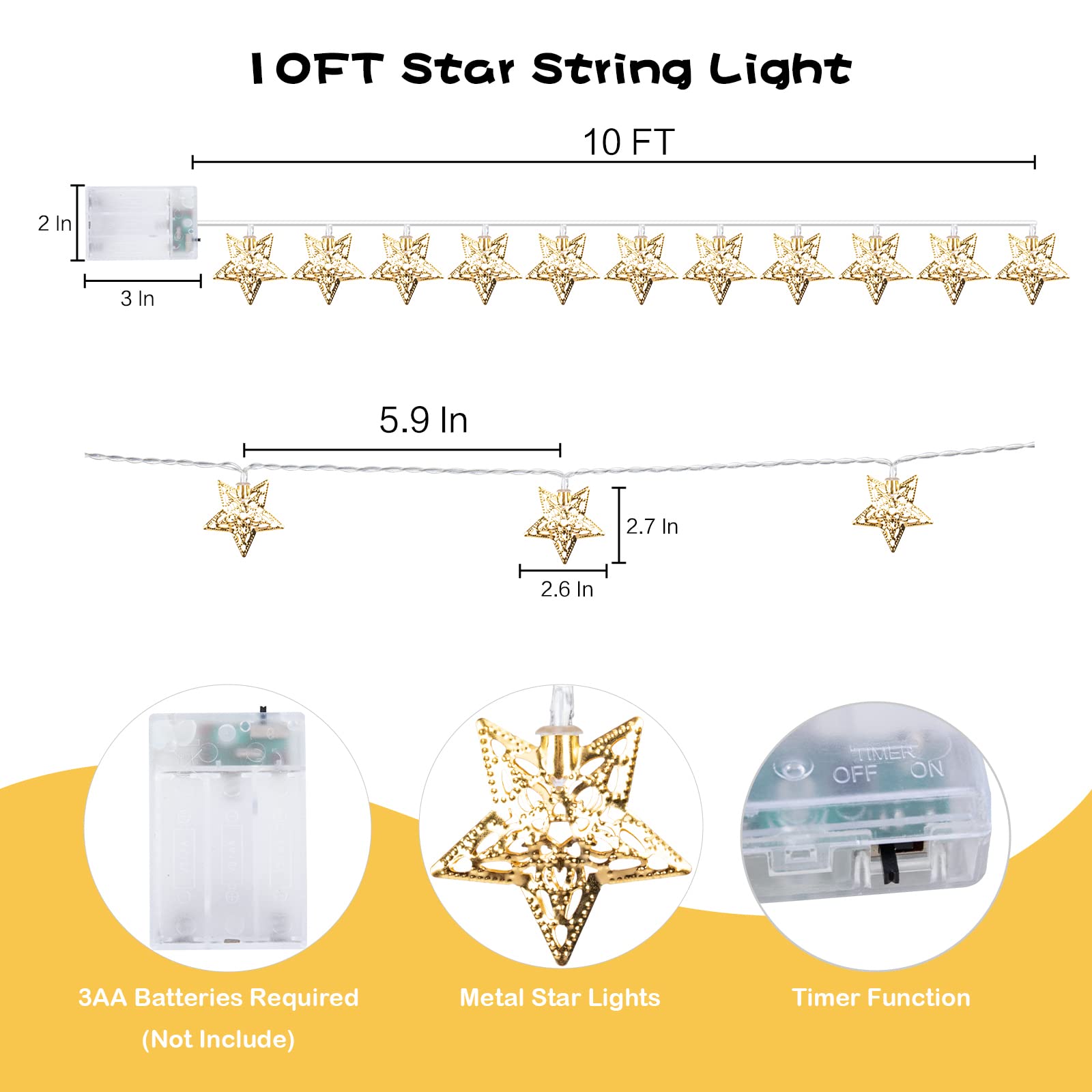 Vigdur 10Ft Star String Lights - 20 Leds Star Fairy Lights Battery Operated With Timer Indoor Christmas Lights For Bedroom Party Holiday Eid Ramadan Decoration