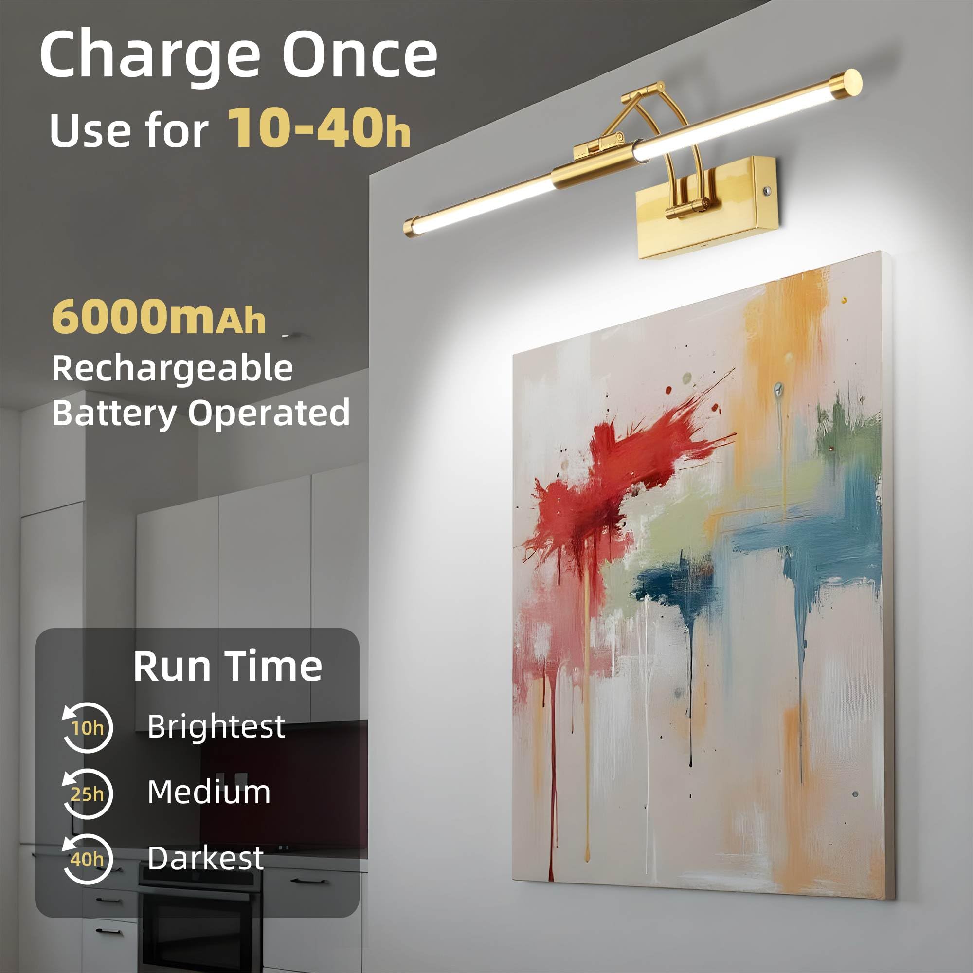 24'' Picture Lights For Wall Battery Operated, Rechargeable Picture Lights, Remote Wireless Wall Lights 3000K/4000K/6000K Dimmab