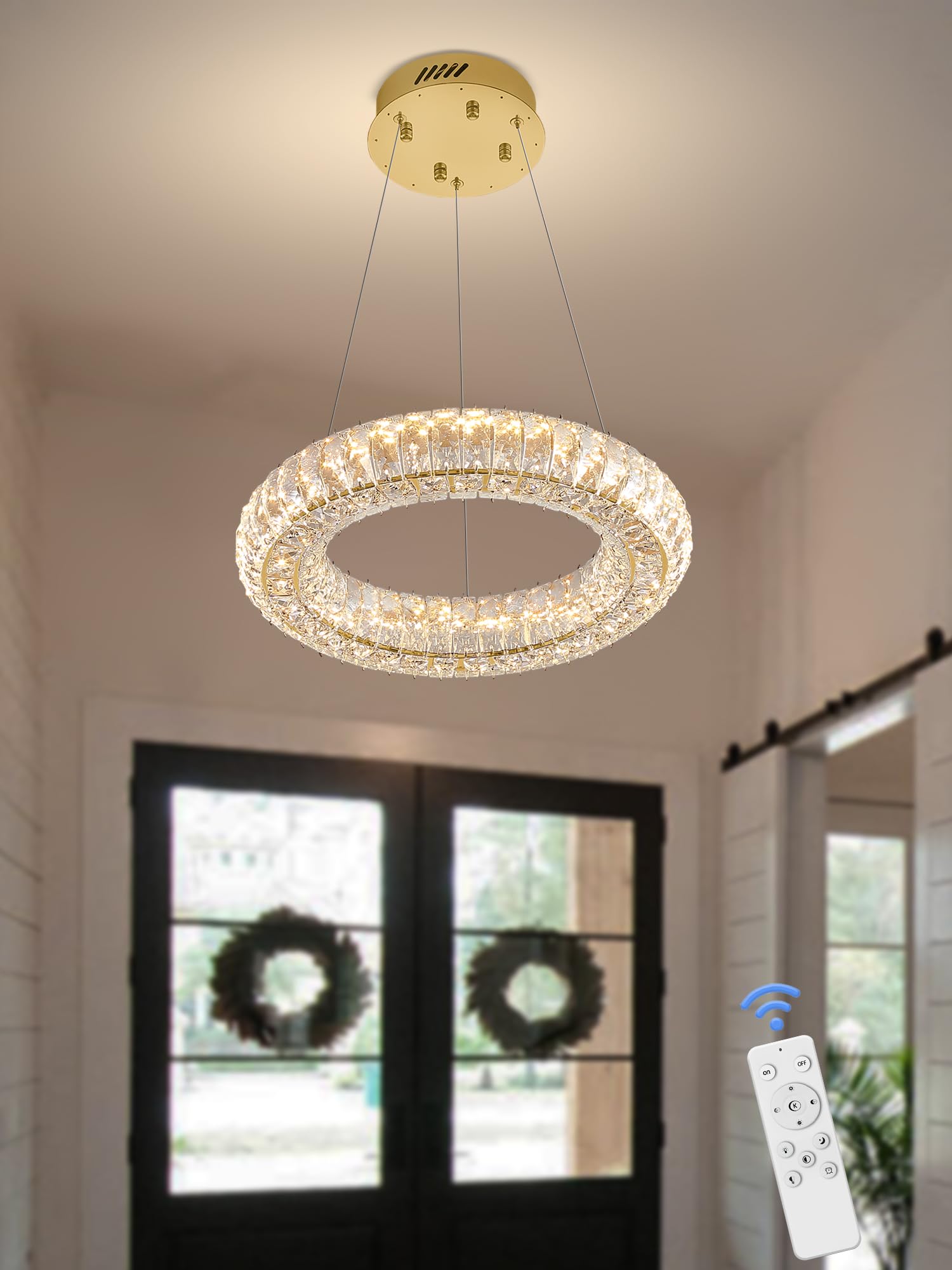 IDEQUY Modern Crystal Chandelier Dimmable LED 15.7'' Gold Ring Pendant Light Adjustable Round Crystal Chandelier Light Fixtures 