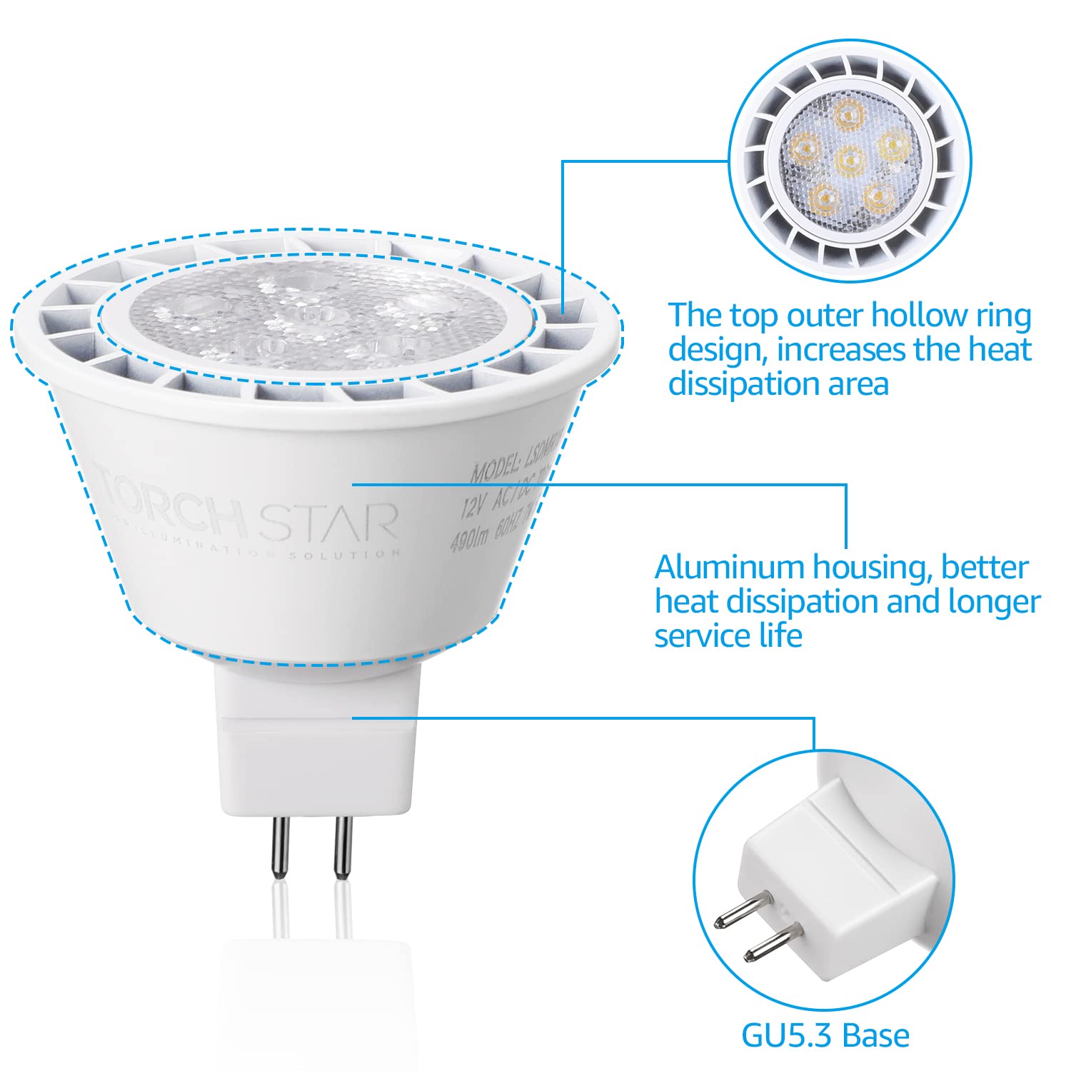 Torchstar Mr16 Led Bulb Dimmable, Aluminum, 12V 7W, Gu5.3 Bi-Pin Base Mr16 Led Spotlight, Ul & Es Listed, Led Mr16 Light Bulbs For Recessed Track Lighting, 3000K Warm White, Pack Of 6