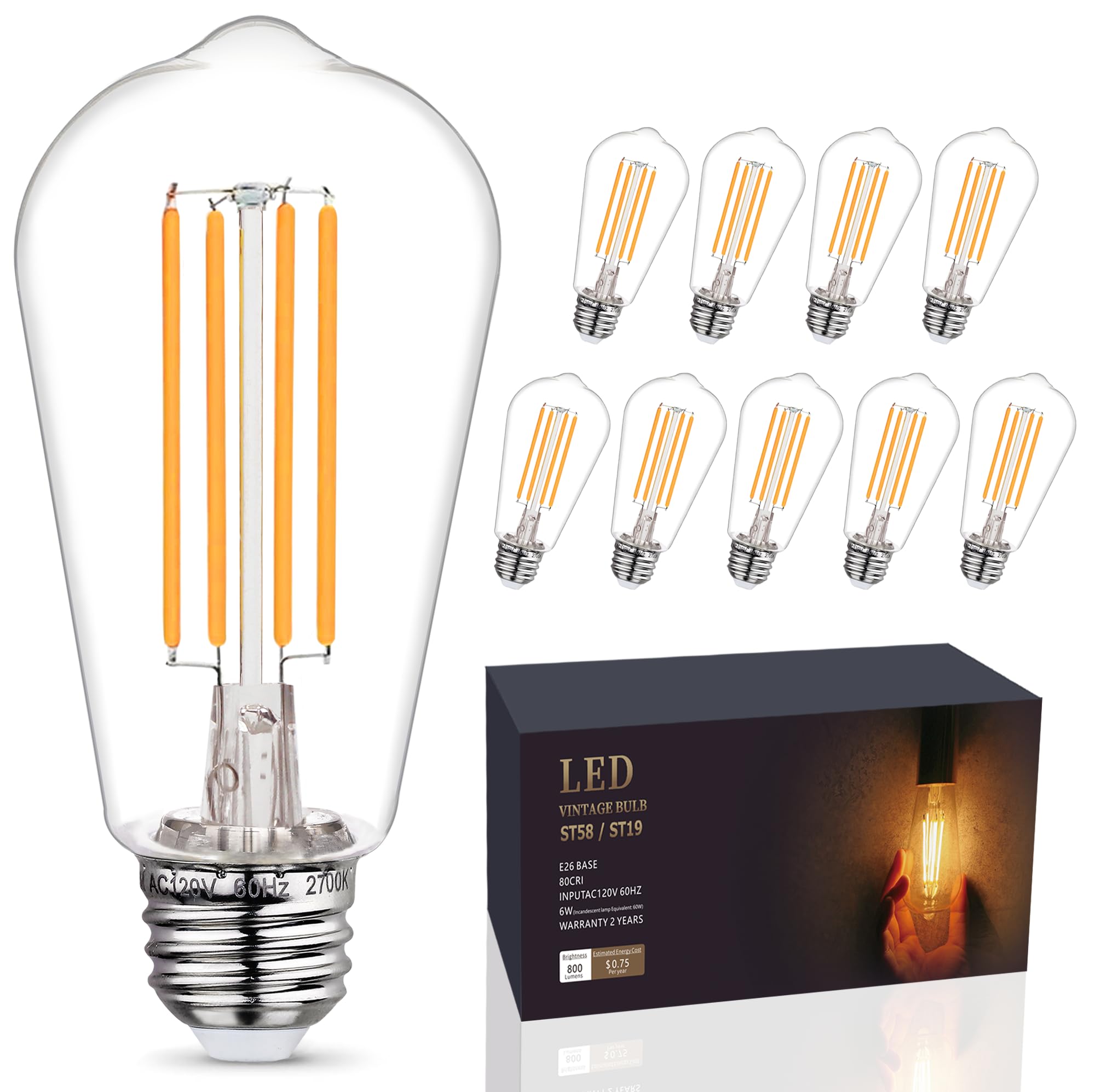 EMYMLITE 10 - Pack Shatter Resistant LED Edison Light Bulbs 60W Equivalent, Dimmable ST58 Vintage Light Bulbs, E26 Medium Base, 