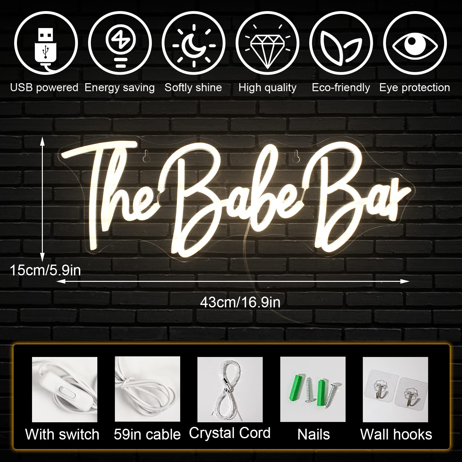 Horseneon The Babe Bar Neon LED Sign, Warm White, USB Powered, Acrylic, Model The Babe Bar-1190