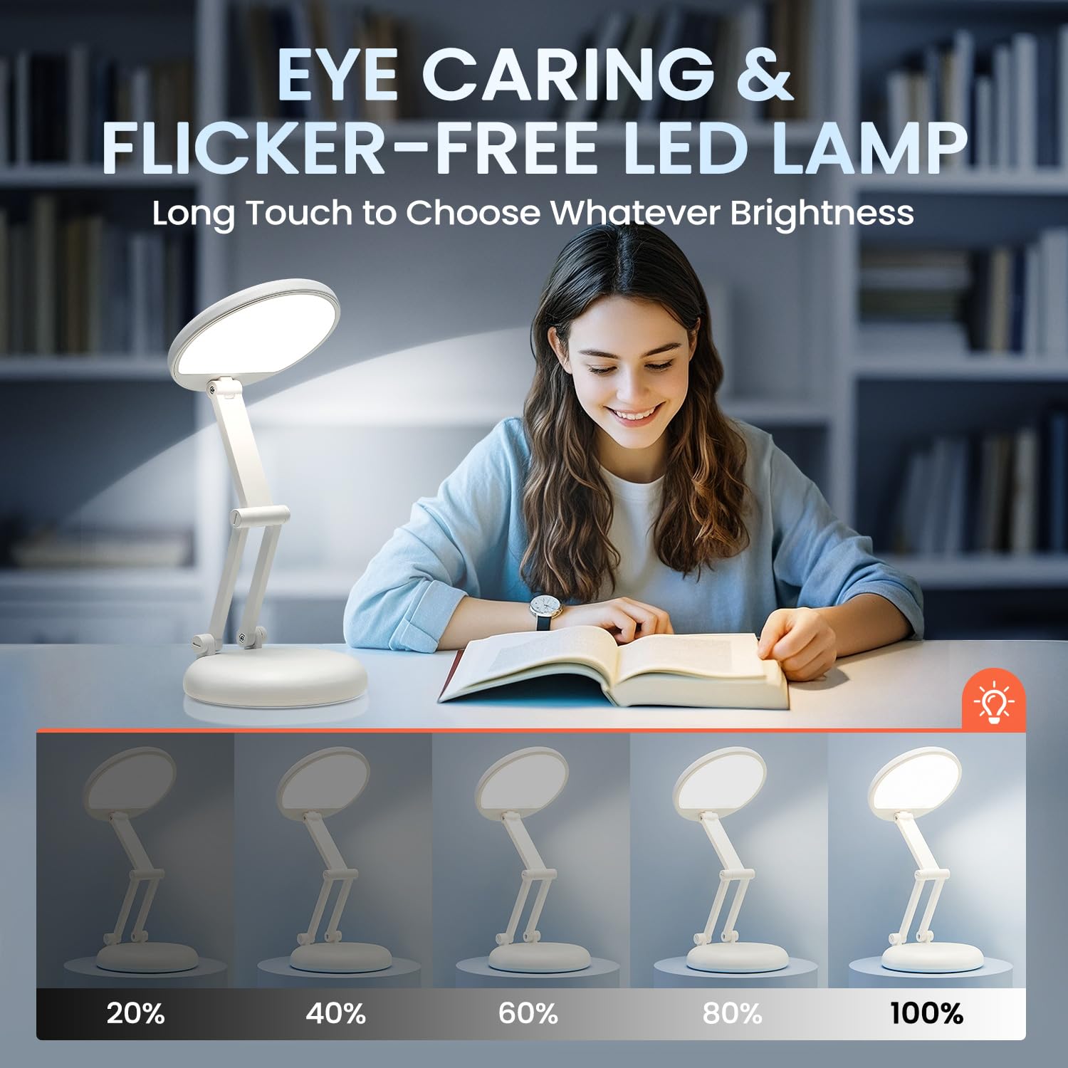 One Fire Battery Operated Desk Lamp, Small, Foldable & Portable, Dimmable, White Wood