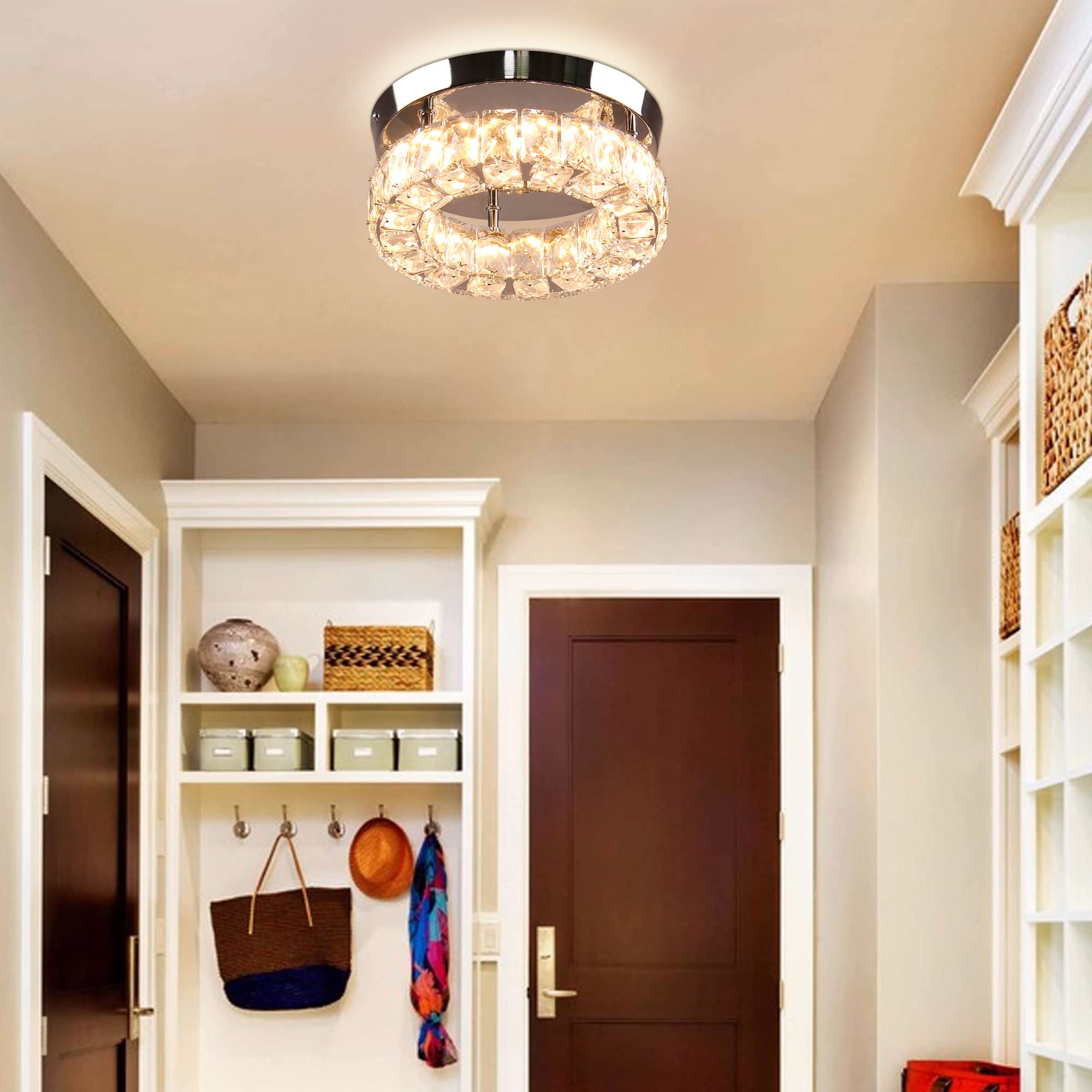 Ypqxyhda 9.8'' Modern Mini Led Chandelier Crystal Ceiling Light Flush Mount Light Fixture Ceiling Mount For Hallway Foyer Kitche