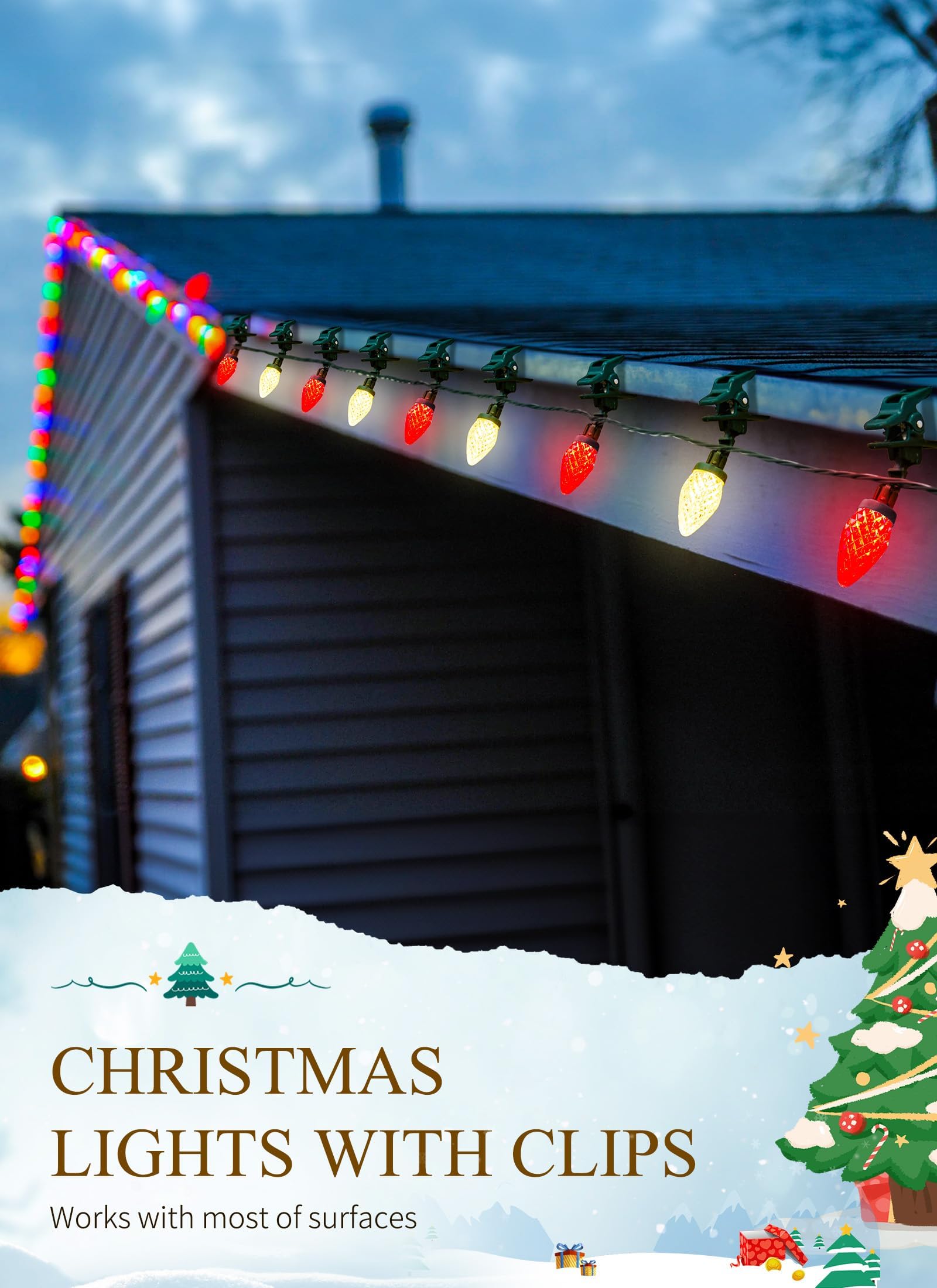 C9 Led Christmas Lights Outdoor  66 Feet 100 Led C9 String Light With 100 Spring Clips  Waterproof Connectable Christmas Tree Lights For Outside Roofline Patio Home Xmas Decor  Red & Warm White