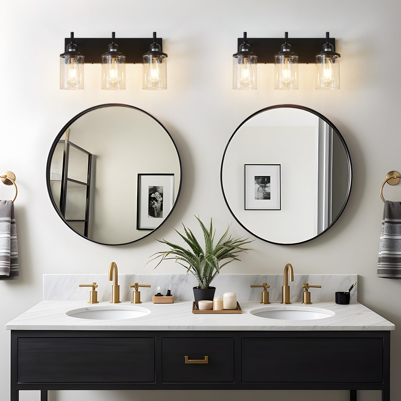 Lanhall 3-Light Black Bathroom Vanity Light Fixture, Modern Farmhouse Design, Glass Shade, Model 500-100-1072