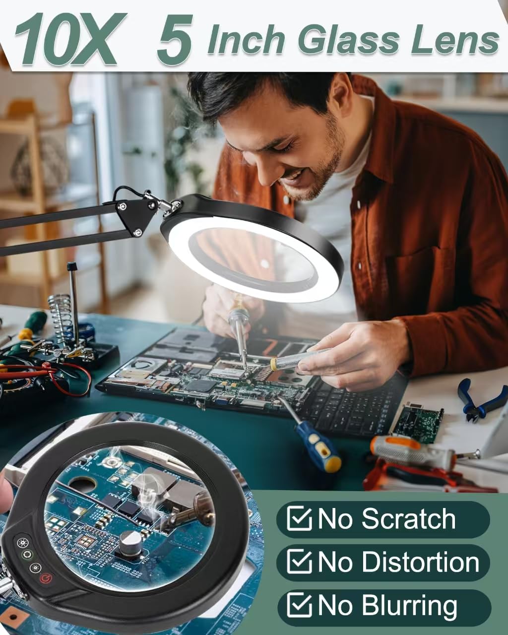 Veemagni 10X 5 Inch Large Magnifying Glass With Light And Clamp, Real Glass Stand Magnifying Desk Lamp, 5 Color Modes Stepless D