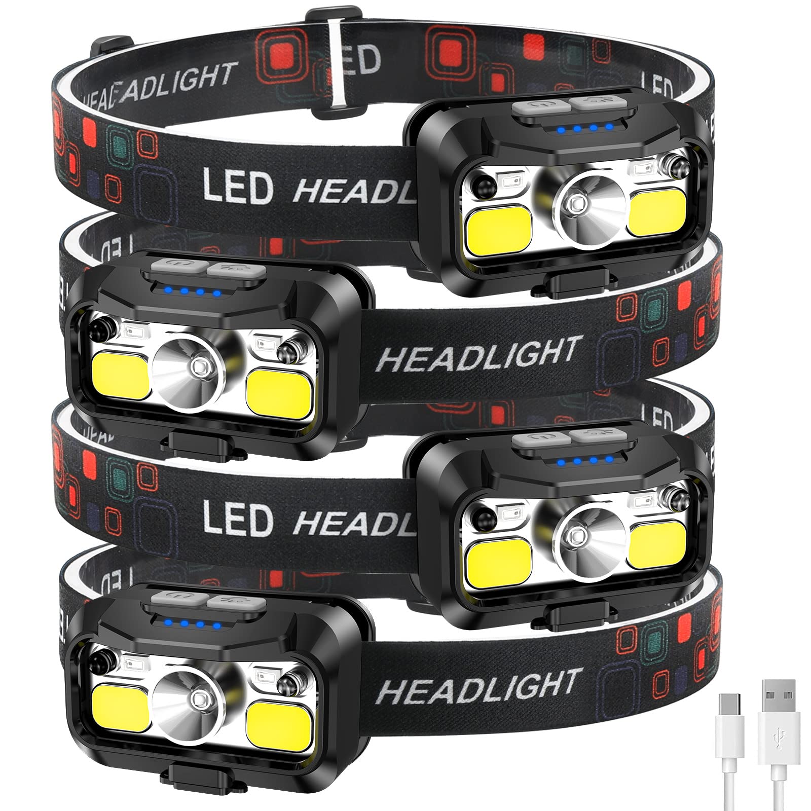 Lhknl Headlamp Rechargeable,1200 Lumen Super Bright Motion Sensor Head Lamp Flashlight, Waterproof Led Headlight With White Red