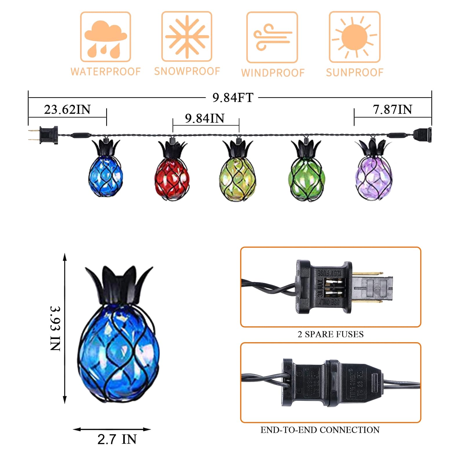 Vigdur Pineapple String Lights - 10FT Multicolor Waterproof Connectable Indoor/Outdoor Lighting for Parties and Festivals