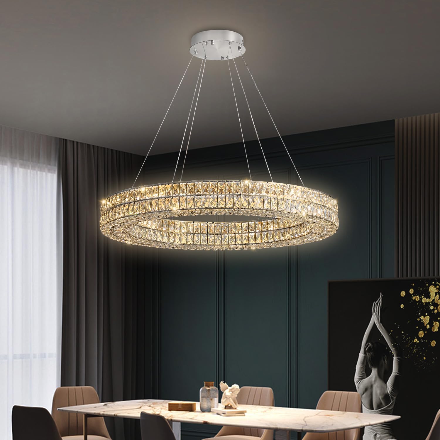 IDEQUY 47.5" Round Crystal Chandelier, Silver Stainless Steel & Acrylic, Dimmable LED Lighting, Model CF8024-120Y