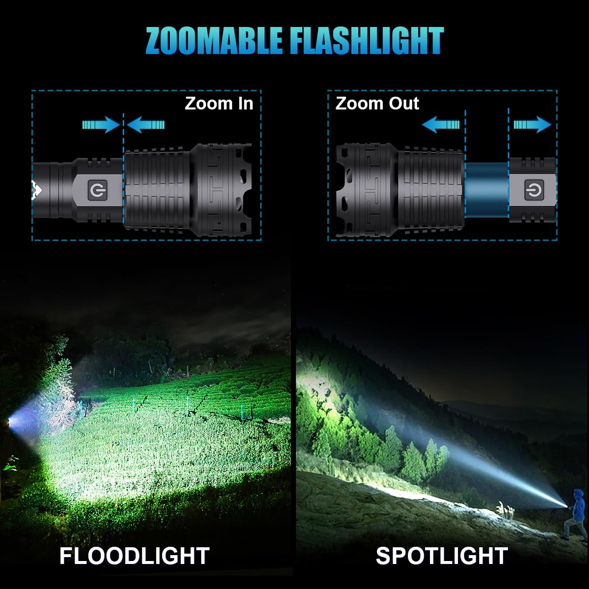 Alifa Rechargeable LED Tactical Flashlight, 990000 Lumens, 5 Modes, IPX67 Waterproof, Large-Black, Model LKP70