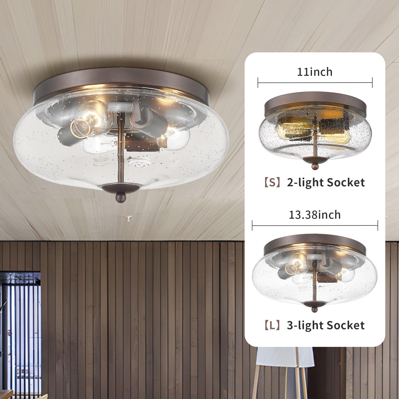 Darkaway Large Ceiling Light Fixtures 3-Ight Flush Mount Indoor Outdoor Ceiling Light With Seeded Glass Shade For Hallway Kitche