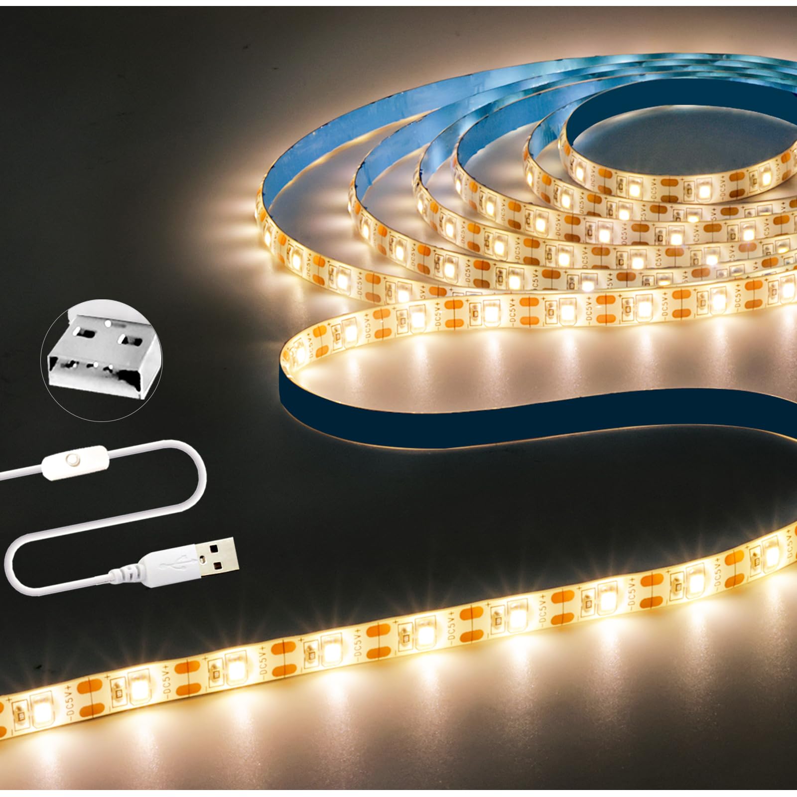 Tesfish 5V USB LED Band Lights 9.84Ft  3500K Warm White  Cuttable SMD2835 Flexible LED Rope Waterproof 180 LEDs Dimmable Plug Light Band with Switch for Bedroom Kitchen Cabinet TV Decoration