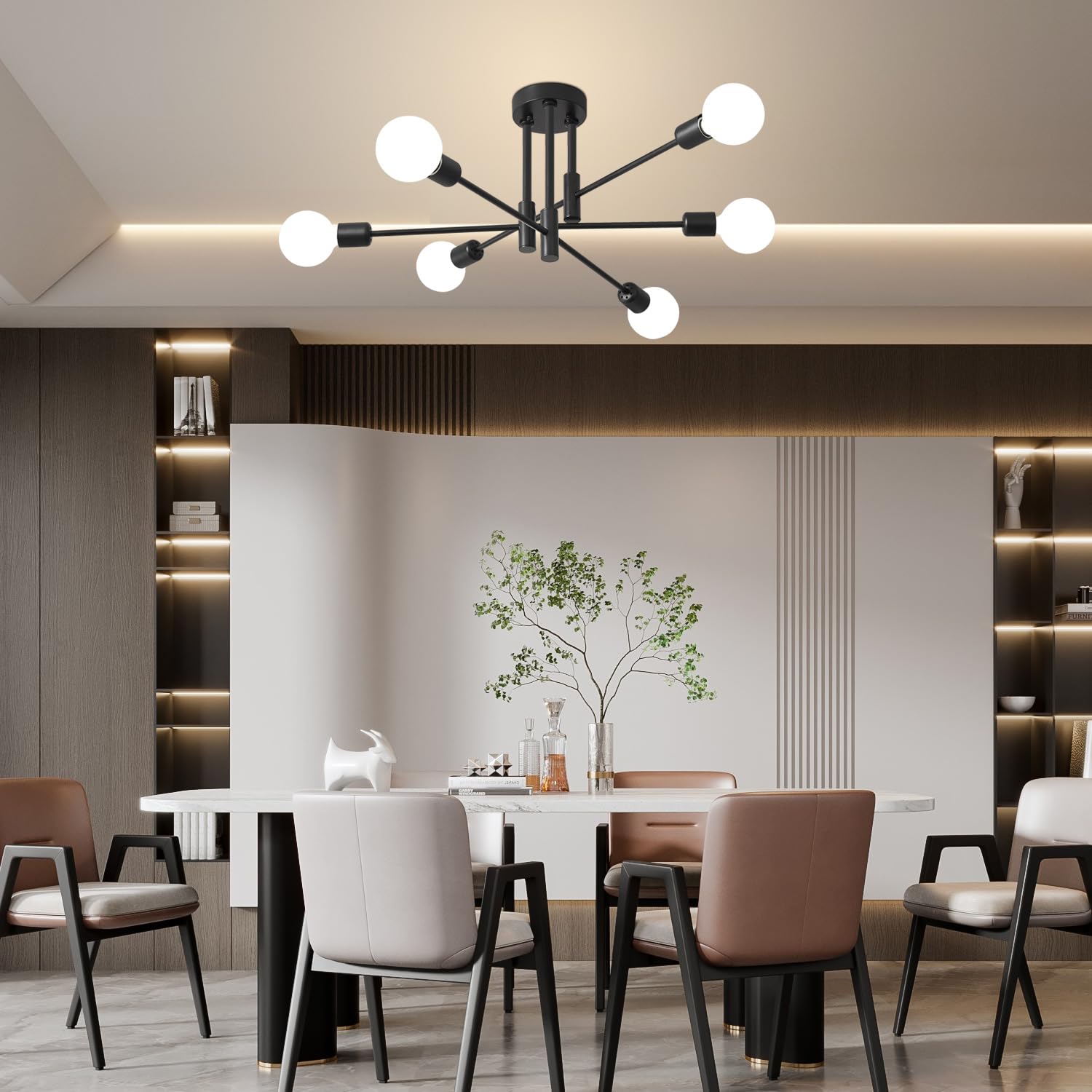 Biewalk 6-Light Sputnik Chandelier, Gold and Black Metal Fixture, 31.18in Mid Century Design for Dining Room, Kitchen Island, Model bie8003