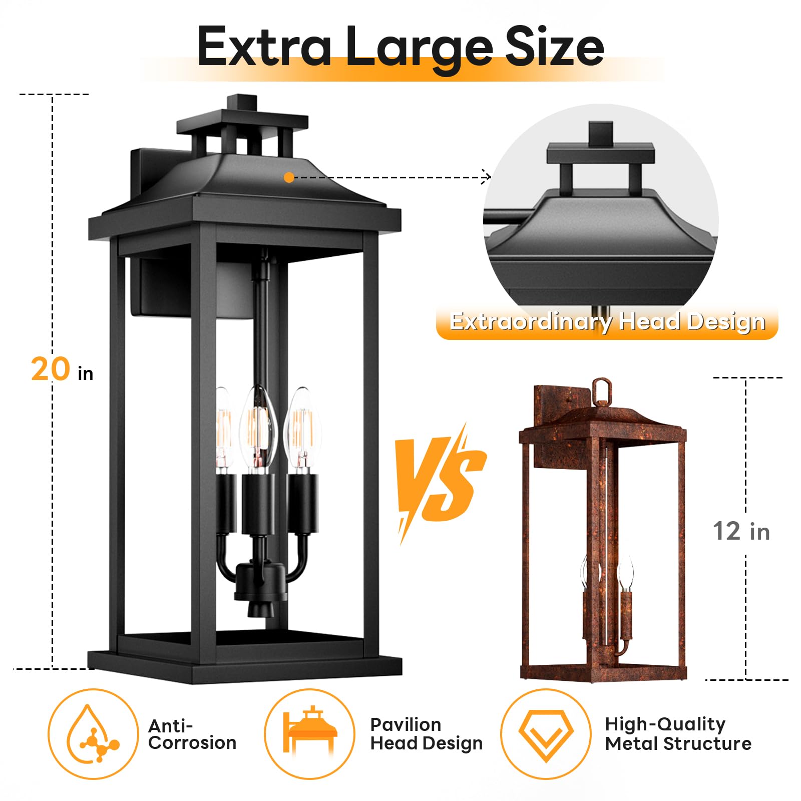 Venzblomia Large Outdoor Light 3-Light 20 Black Exterior Lighting Fixture  Modern Outside Wall Mounted Porch Sconce  Waterproof Patio Garage Garden Carriage Lantern Lamp For House E12  1-Pack