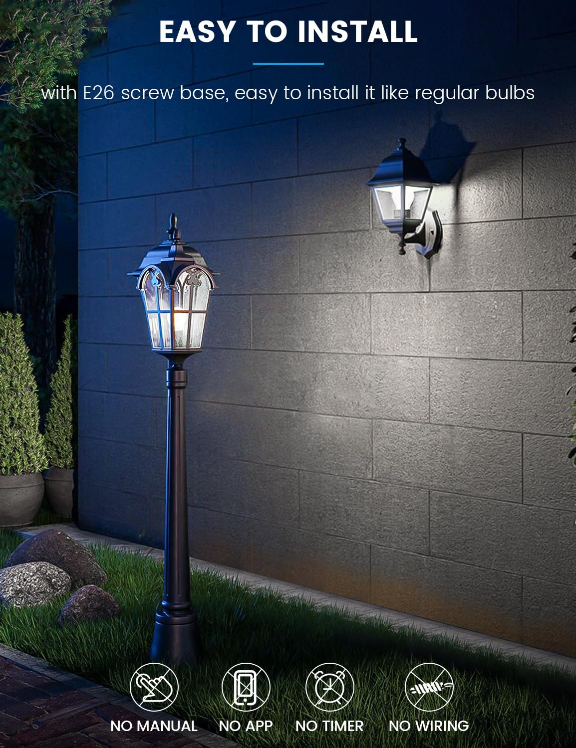 Torkase Outdoor LED Light Bulbs, 13W (100W Equivalent), Dusk to Dawn, E26 Base, 6000K Cool White, Non-Dimmable, 4 Pack