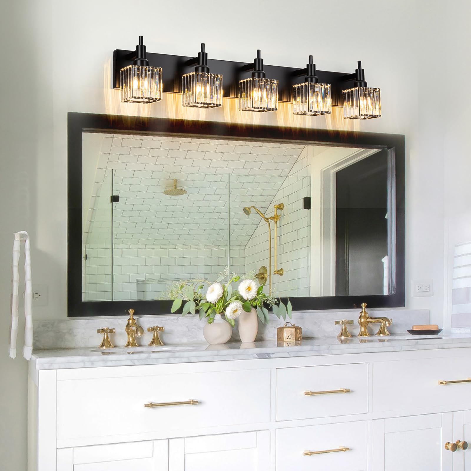 Huoku Black Crystal Bathroom Vanity Light 5-Light Modern Bathroom Lighting Fixtures Over Mirror Wall Light Fixtures