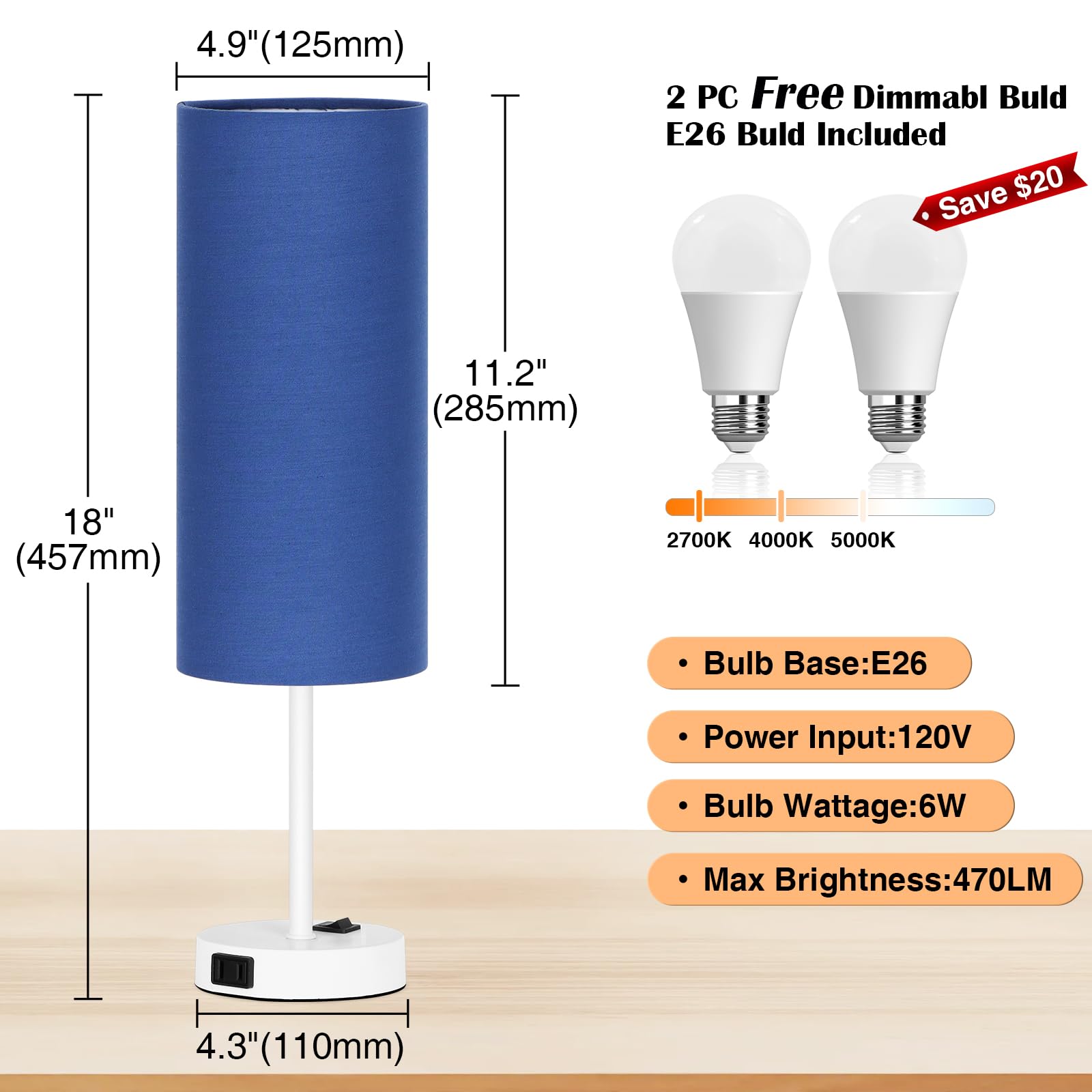 ZJOJO Table Lamp 2 Pack, 18in Bedside Lamps with 3 Way Dimmable Switch, Blue Fabric Shade, White Base, Model RD-PTL6W-038