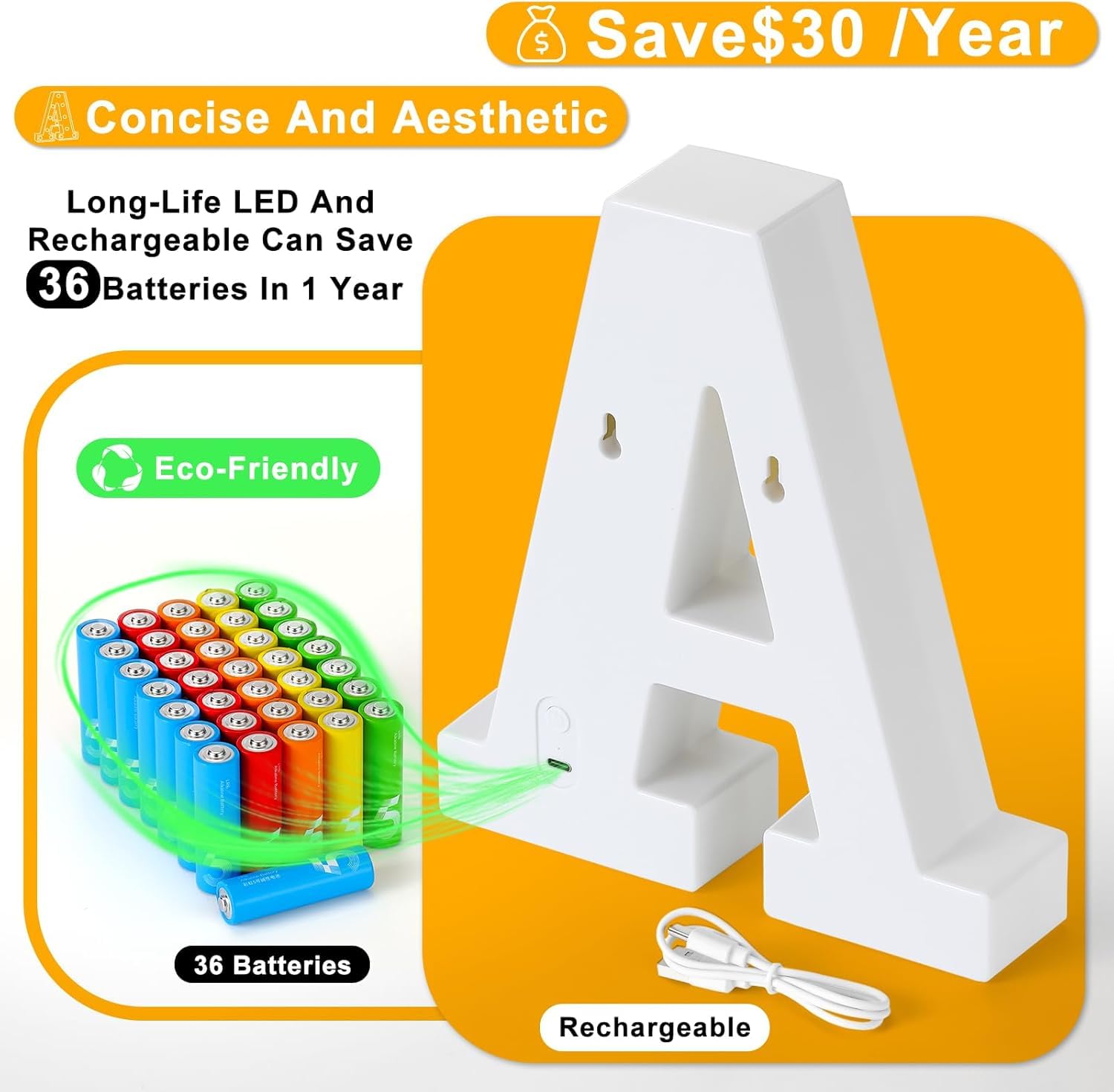 Foaky Rechargeable LED Letter Lights Sign - Warm-Rechargeable, K Size, Plastic Material, Model Recharge-ABS for Party & Home Bar Decoration