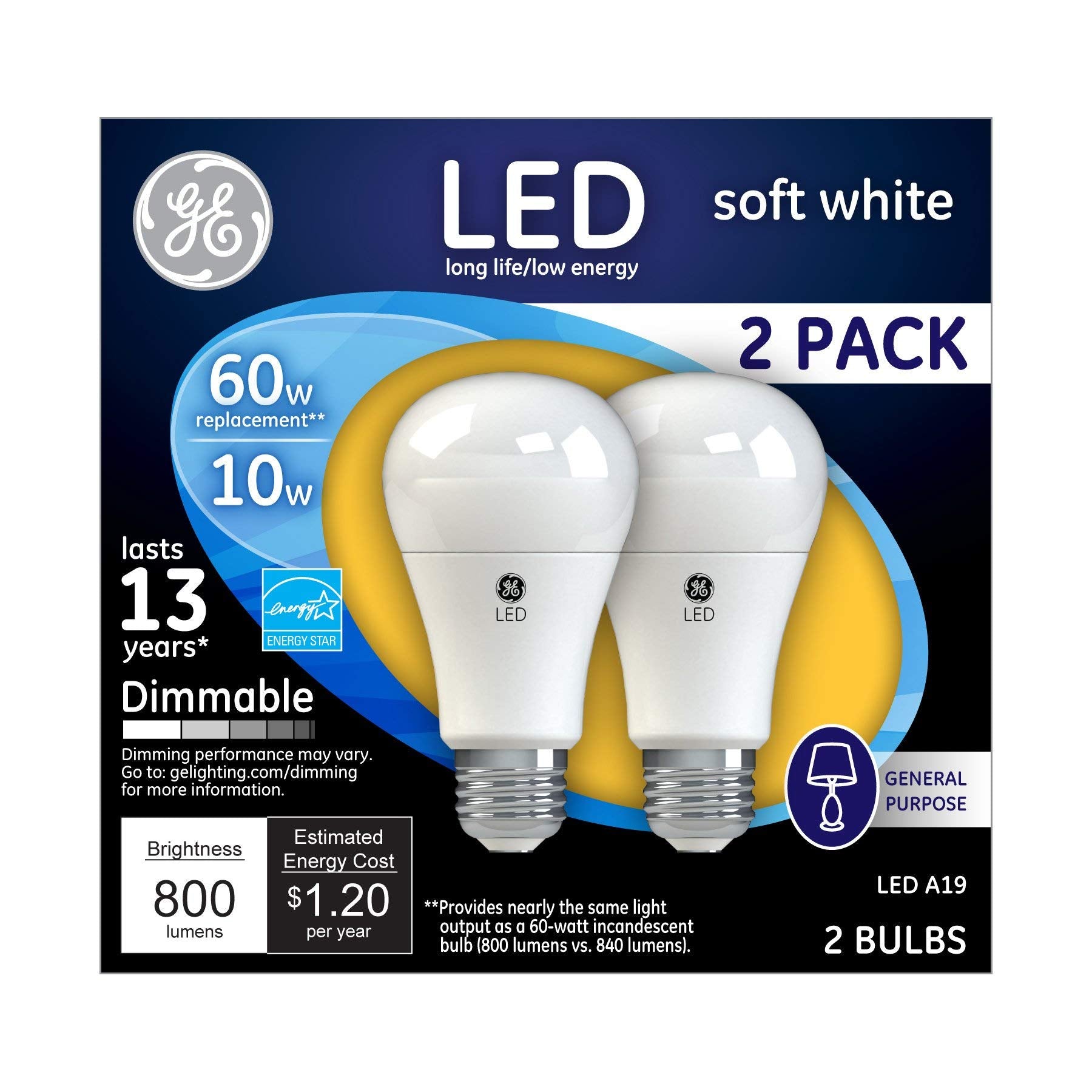 Ge Led Light Bulbs, 60 Watt, Soft White, A19 (2 Pack)