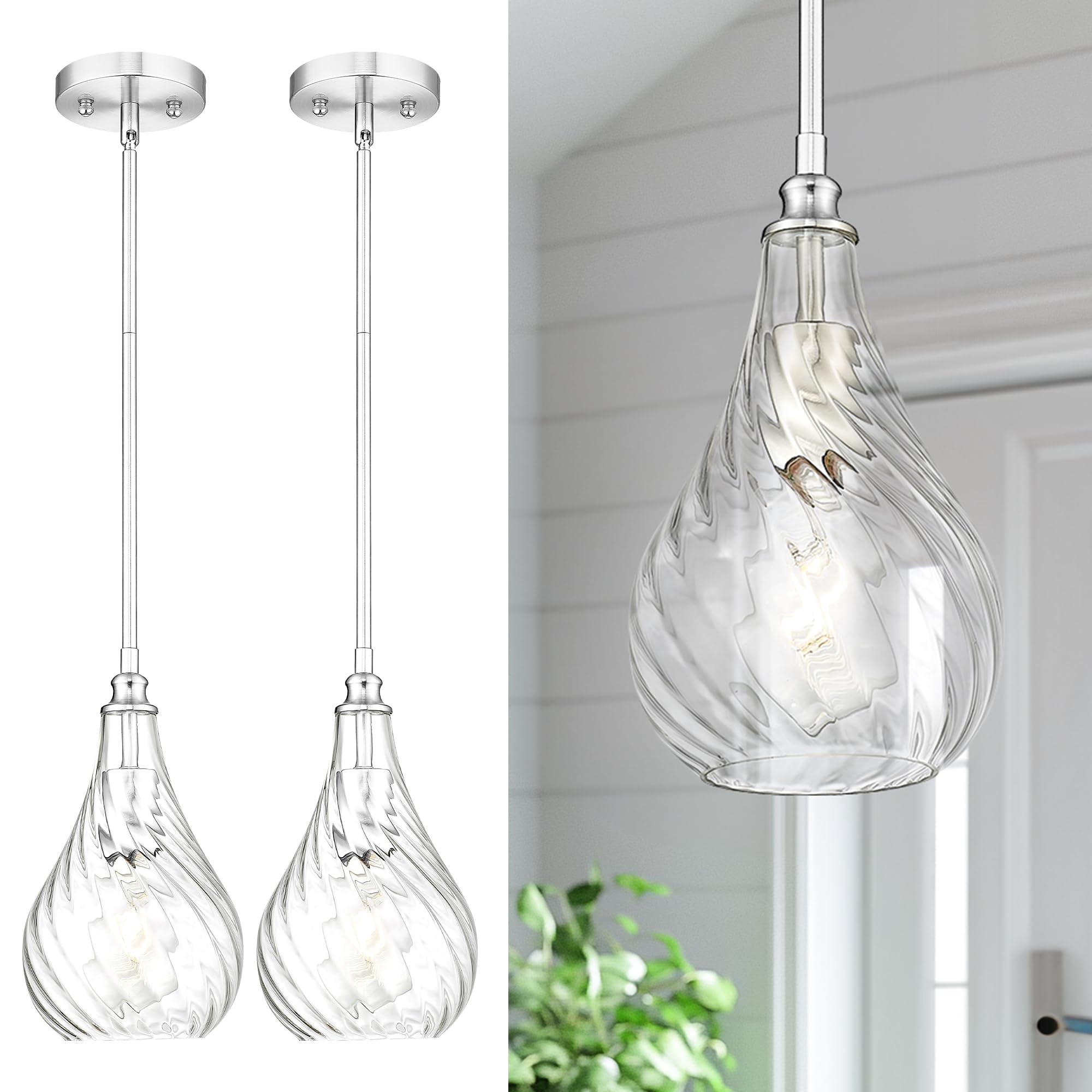 TENGXIN 2 Pack Pendant Lights Kitchen Island,Brushed Nickel Finished Striped Glass Hanging Pendant Light,Farmhouse Pendant Light