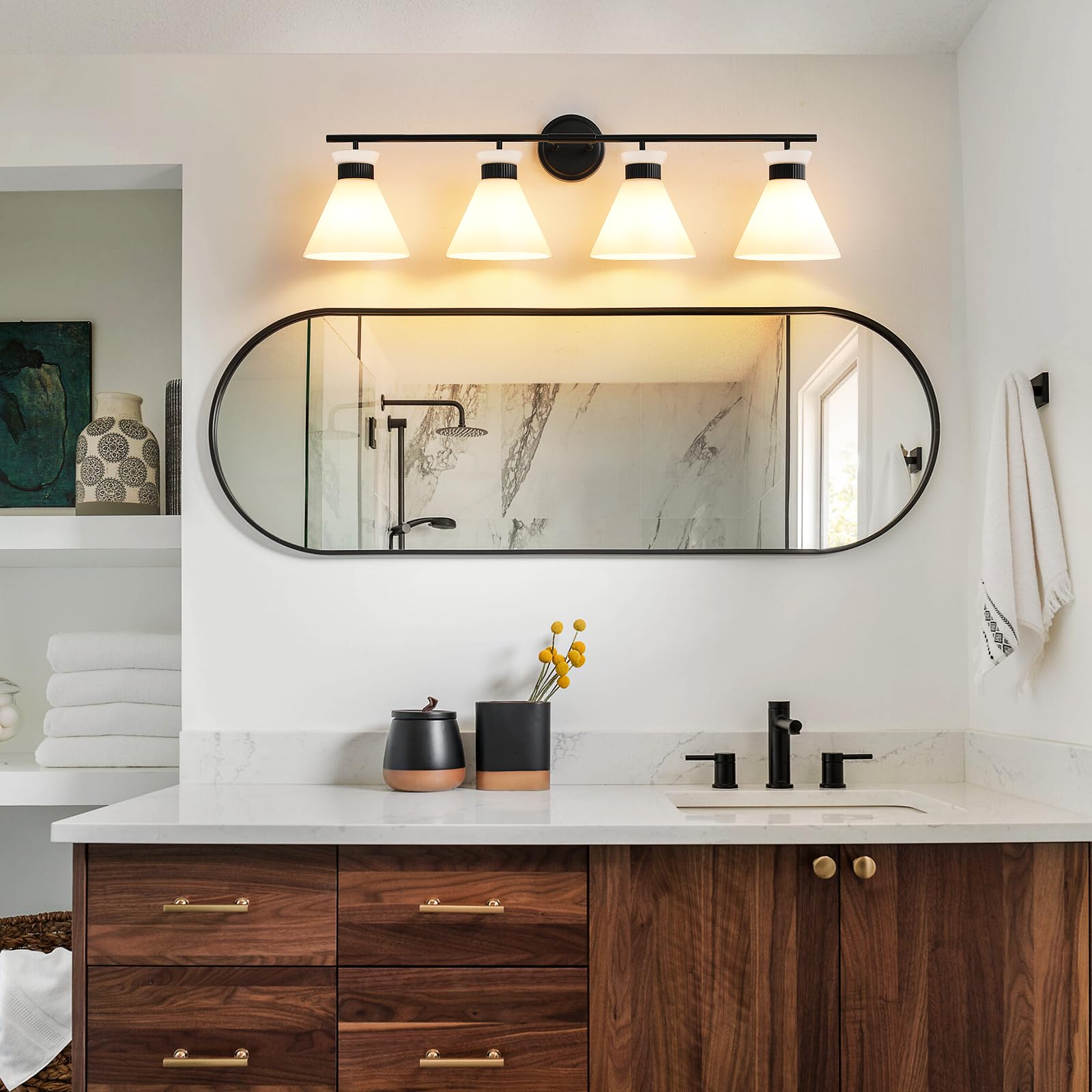 WOSHITU Black Bathroom Vanity Light Fixtures, 4-Light Metal Over Mirror Lighting, 36" with Milky White Frosted Glass, Vintage Farmhouse Style