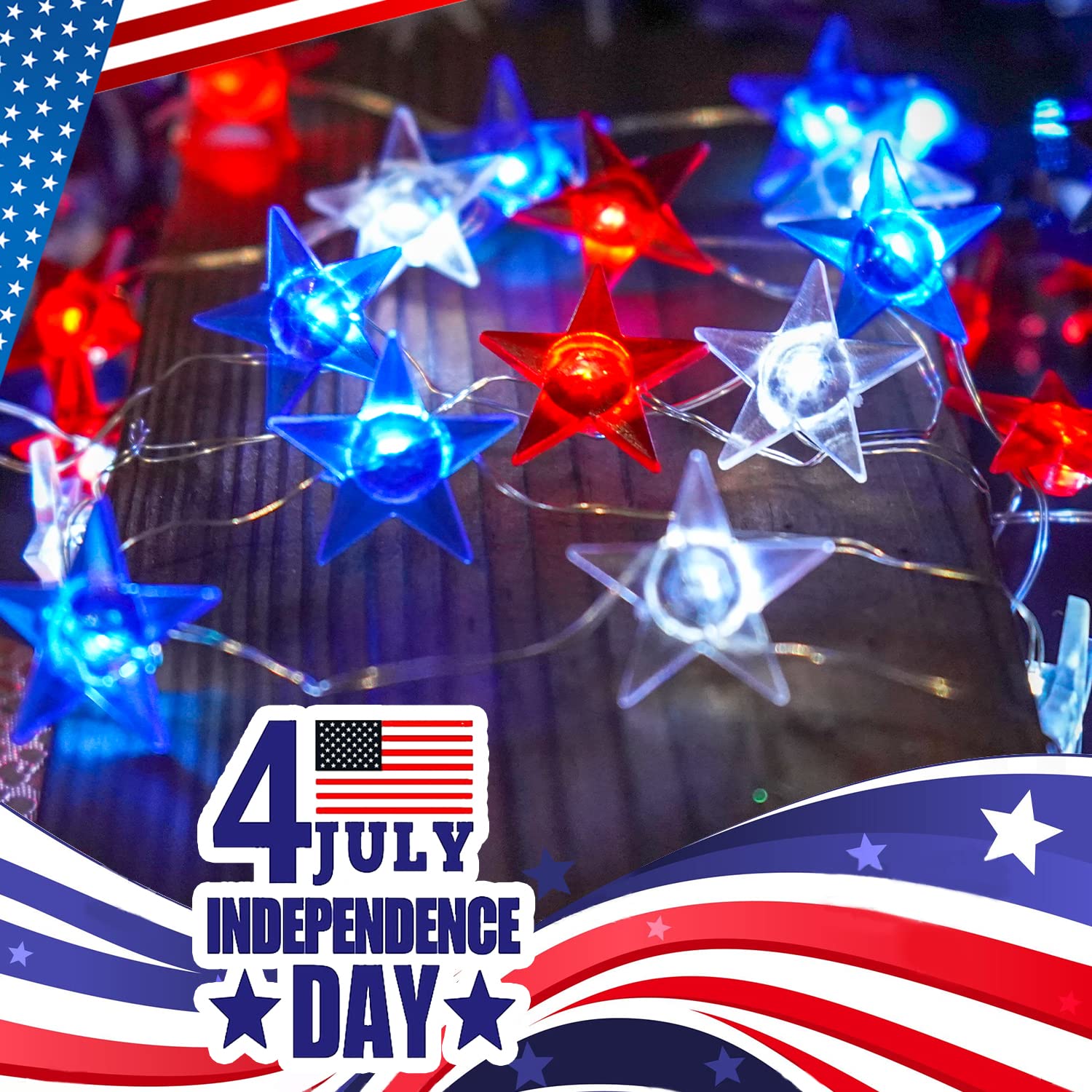 Couah 80 LED Fairy Lights - Battery Operated, 20FT, Red White Blue - Indoor Outdoor 4th of July Decorations