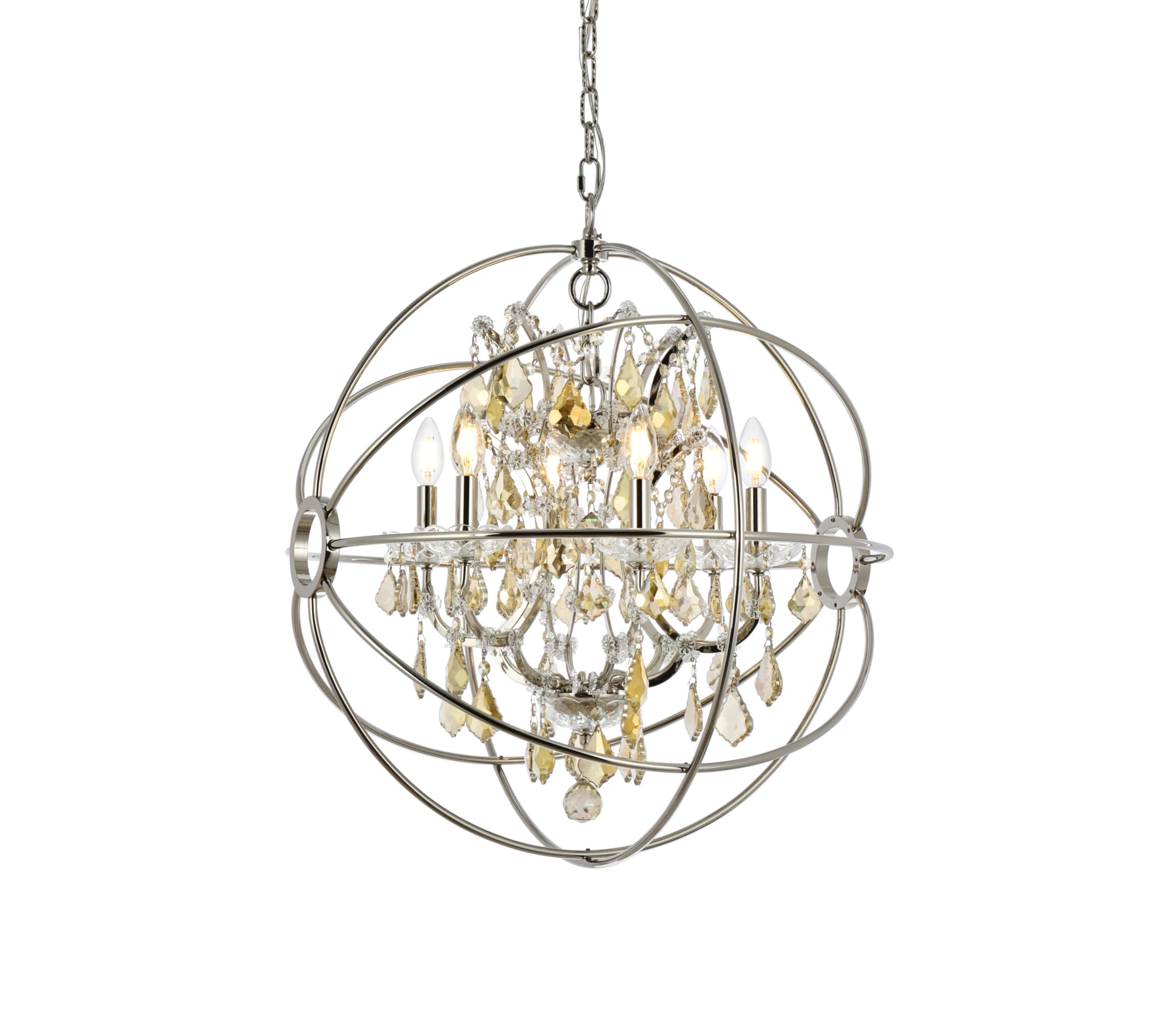 Elegant Lighting Geneva Collection 1130D25PN-GT/RC 6-Light Pendant Lamp with Royal Cut Golden Teak Crystals, Polished Nickel Finish