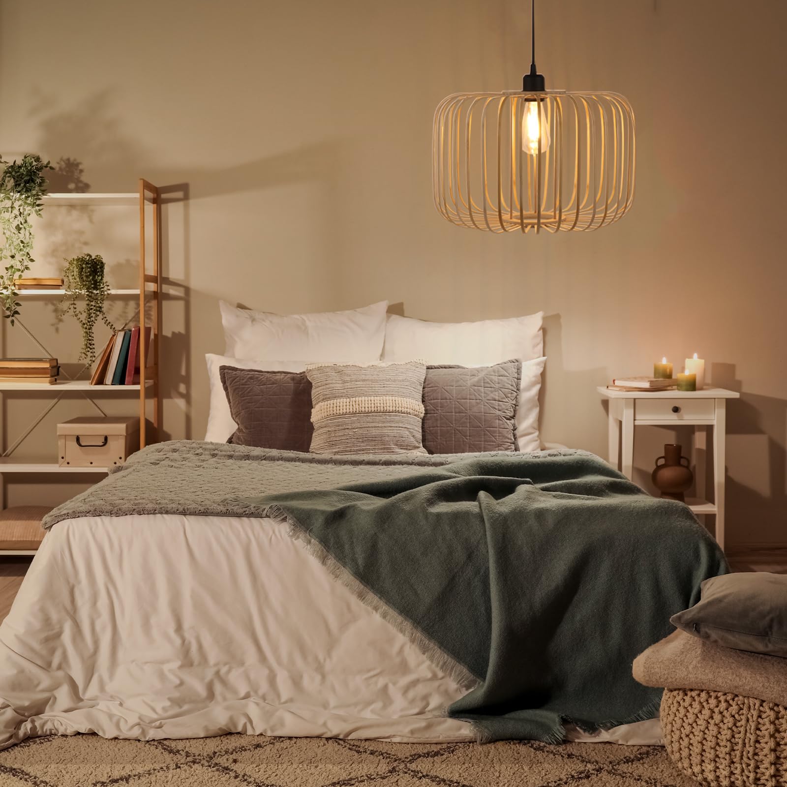 Plug In Pendant Light Woven Bamboo Hanging Lights With Plug In Hanging Lamp Dimmable, Handmade Woven Boho Wicker Basket Lamp Sha