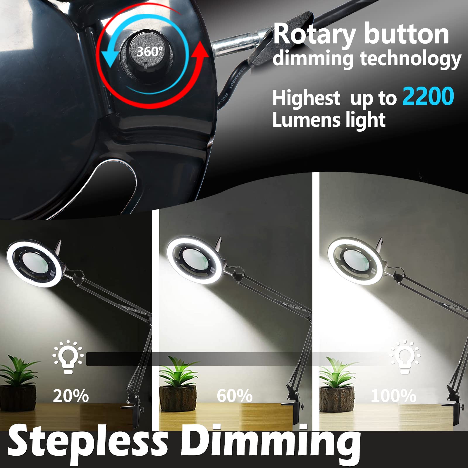 KIRKAS 10X Magnifying Glass Lamp with Light, Stepless Dimmable, Adjustable Arm, Black, Model 10X-JDD-BK