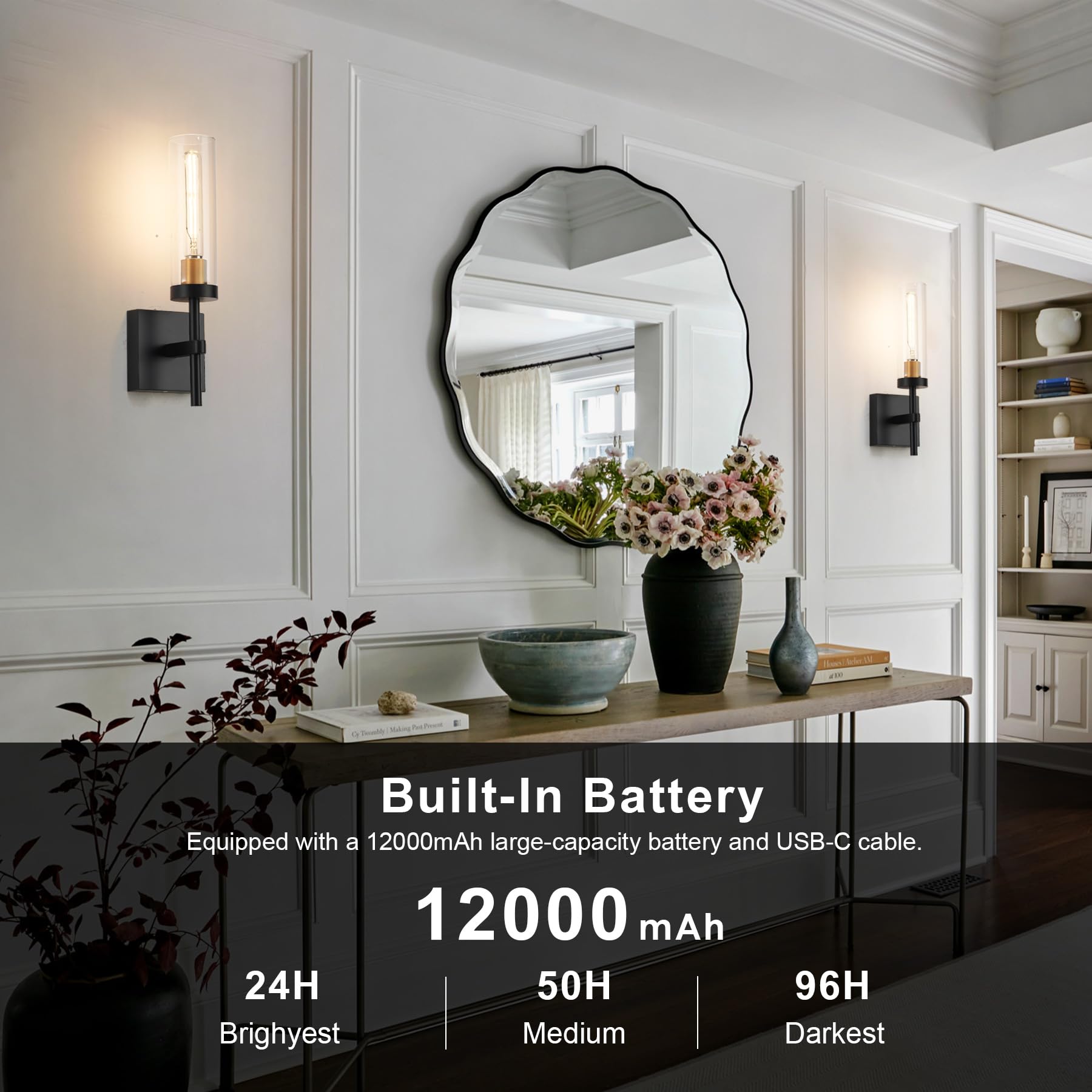 SANTOSTOCK Wireless Wall Sconces - Remote Control, Battery Operated, Dimmable, 2 Pack, Black & Gold, Model SSW018B1-2C