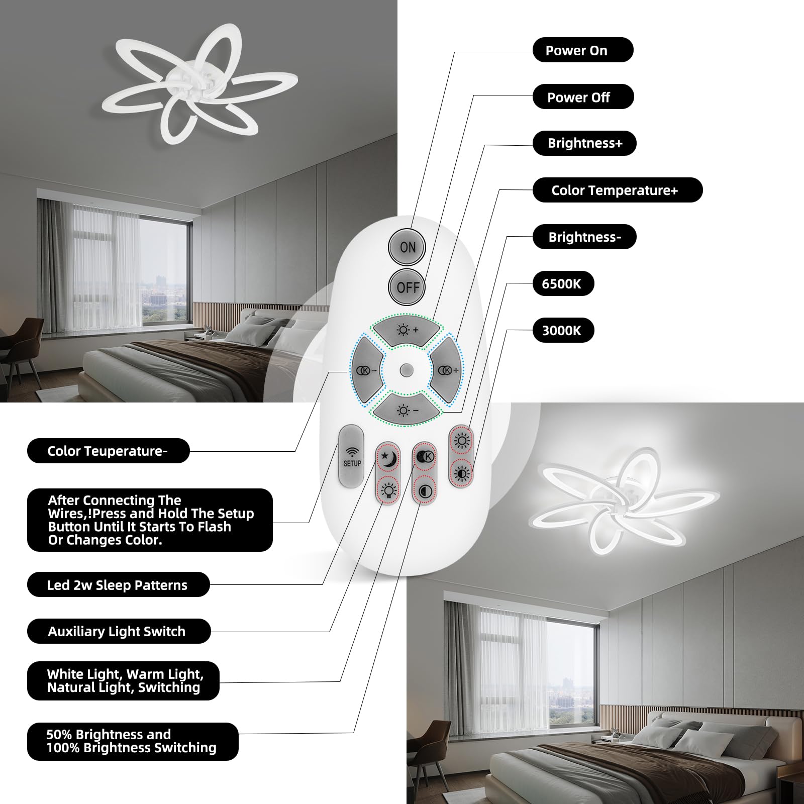 Seable Modern Led Light, 6+1 Rings 93W Dimmable Fixture 29.5'' 3000K-6500K Flush Mount White Flower Ceiling Lamp With Remote For