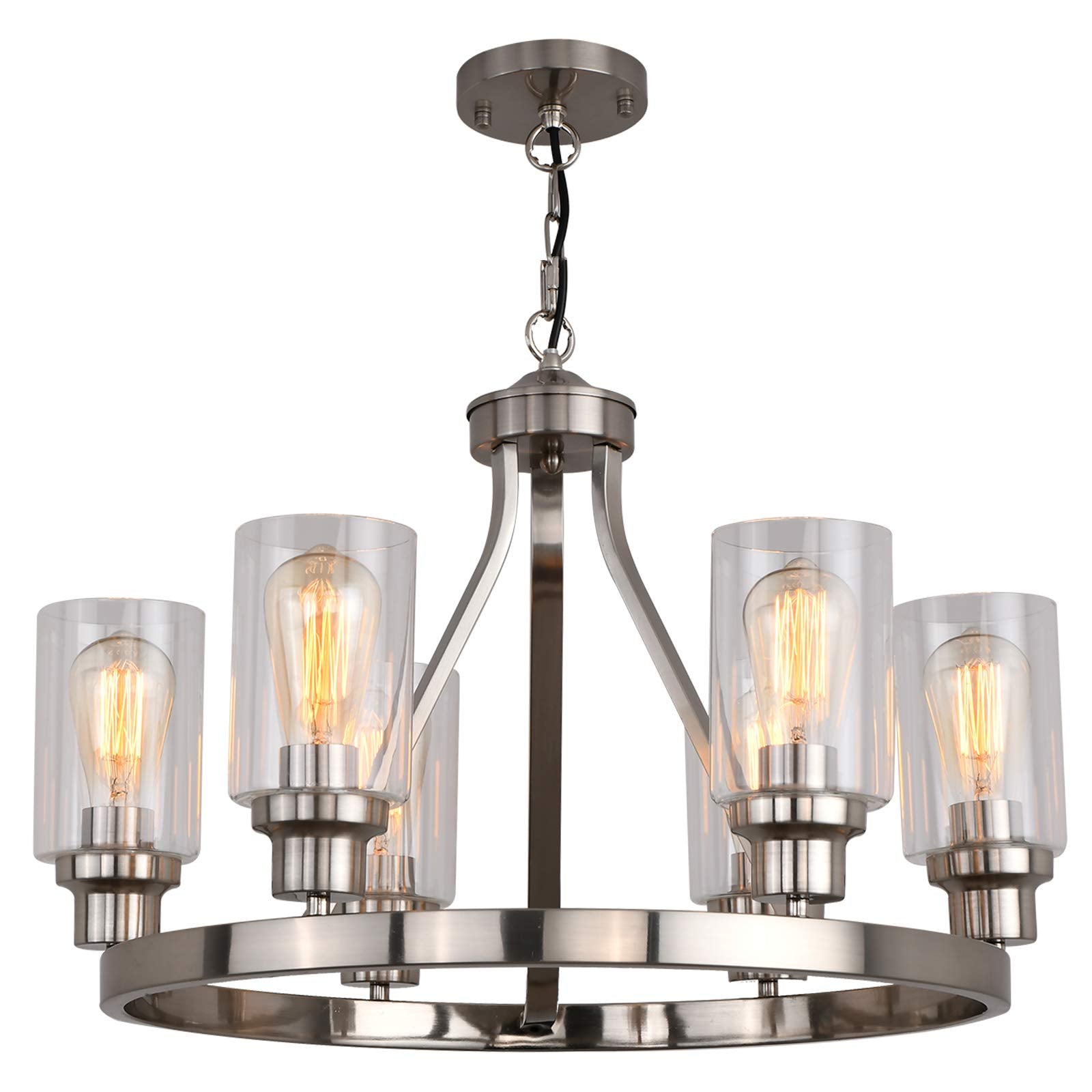 Sivilynus Dining Room Lighting Fixtures Hanging Brushed Nickel Kitchen Modern Chandelier Over Tables 6 Light with Glass Pendant 
