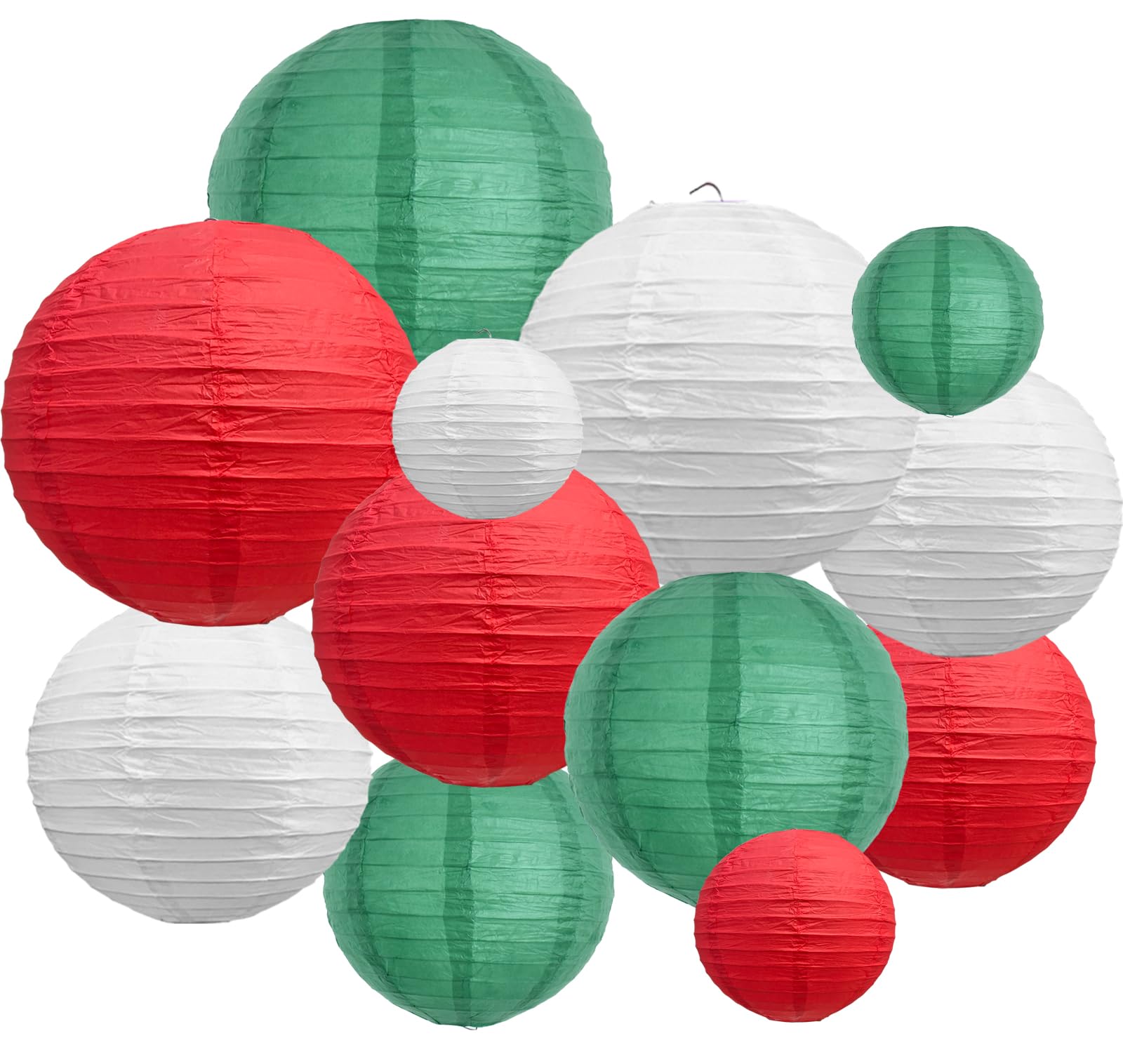 Beishida 12Pcs Red Green White Paper Lanterns Decorative Hanging Round Paper Lanterns Lamp For Christmas Birthday  Wedding Bridal Home Decor Outdoor Decoration Party Decoration