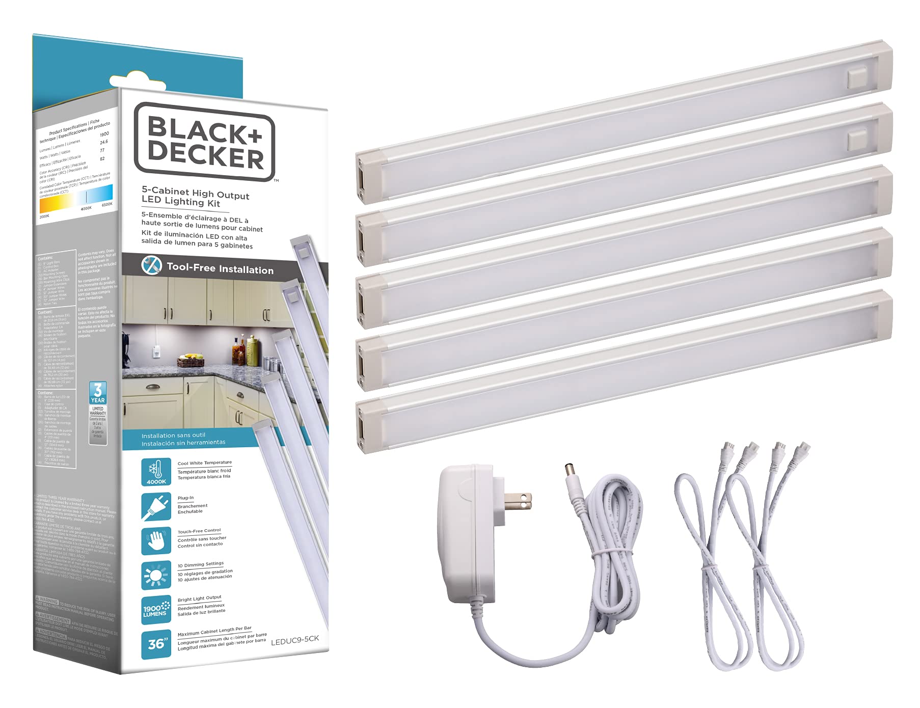 BLACK+DECKER LED Under Cabinet Kit with Motion Sensor, Dimmable Kitchen Accent Lights, Tool-Free Install, Cool White 4000k, 9'' 