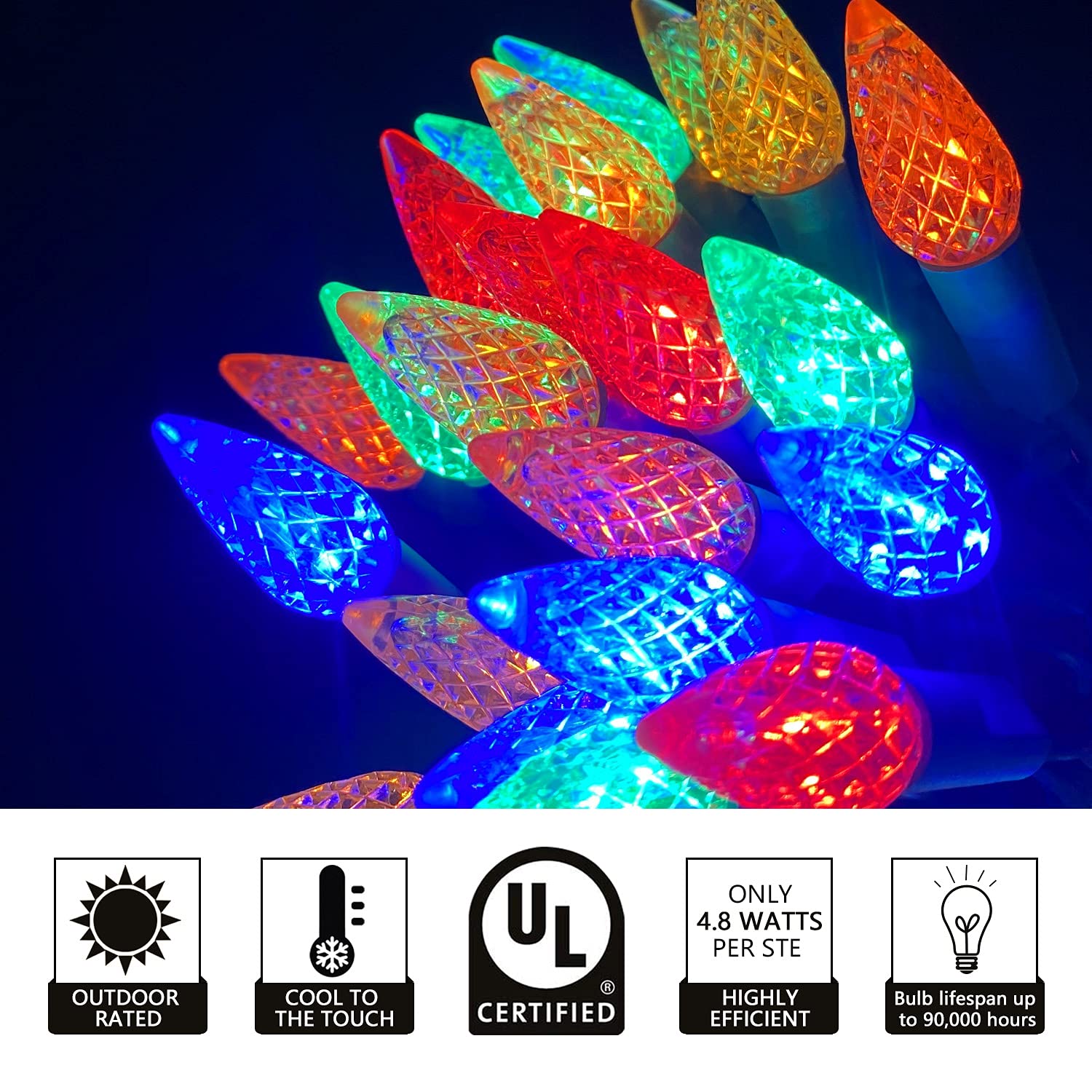 Yongzhenlite Ul Listed 50 Count C6 Led Christmas Light,C6 Strawberry Light Bulbs,Outdoor Led String Light For Garden Patio Christmas Tree Lighting Decoration,17 Feet Green Wire (Multi-Colored)