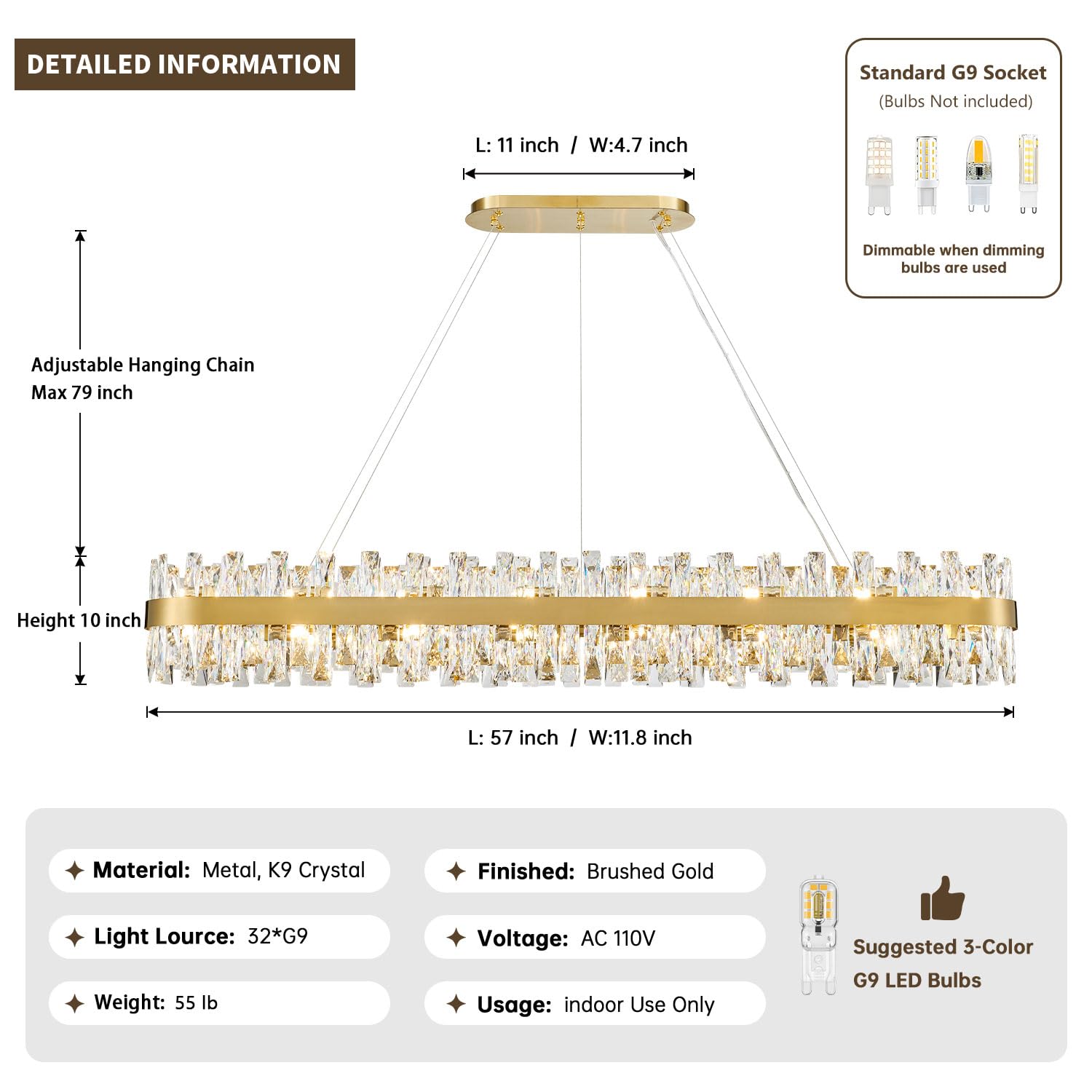 Tmafon Modern Brass Gold Crystal Chandelier, Rectangle K9 Crystal Raindrop Chandelier Lights, Contemporary Ceiling Hanging Light