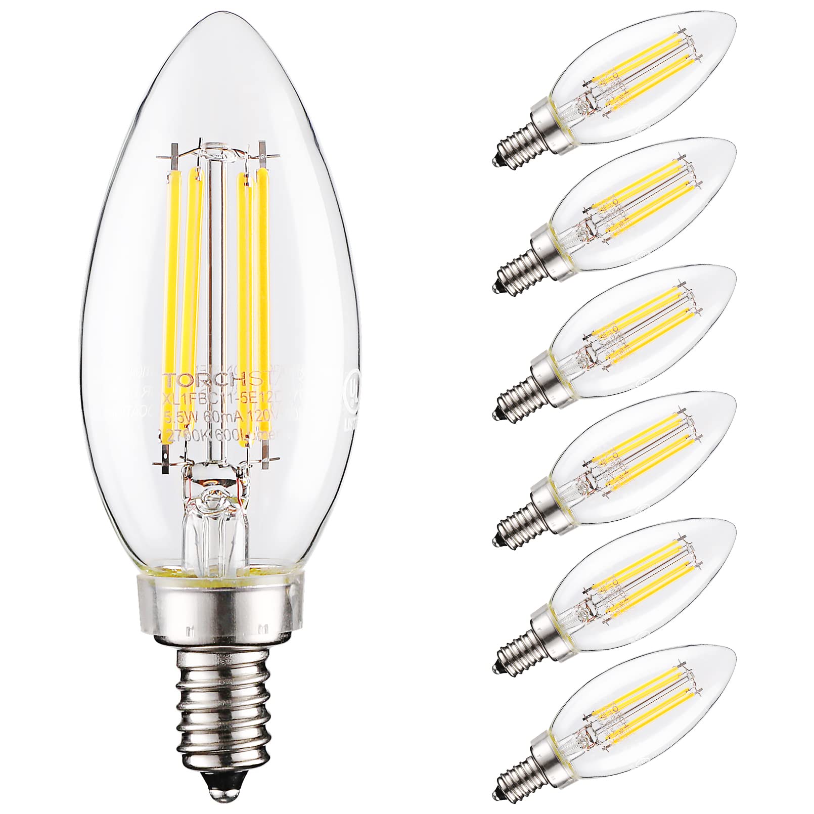 TORCHSTAR Dimmable E12 LED Candelabra Bulb 60W Equivalent Clear Glass 2700K Soft White Pack of 6