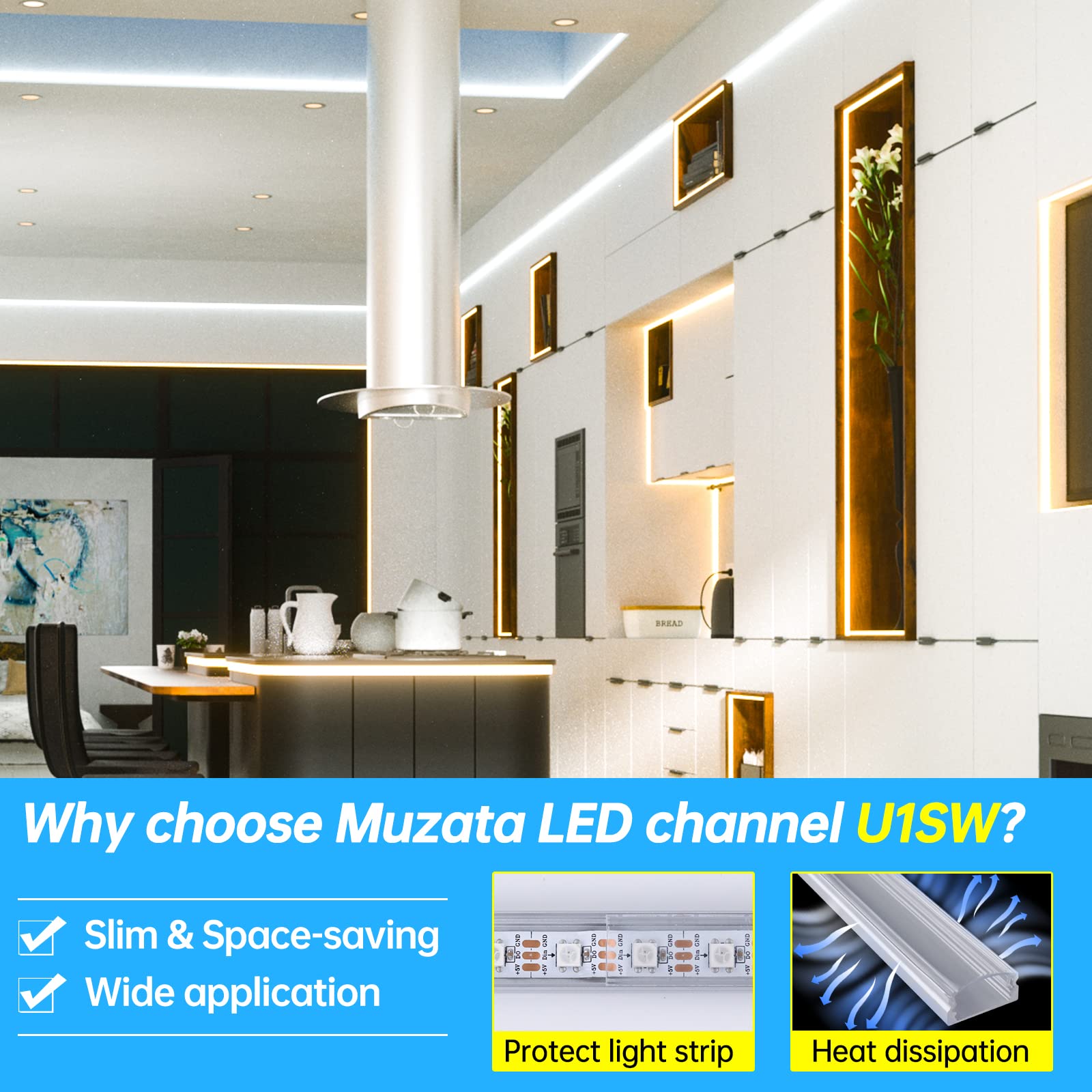 Muzata LED Strip Channel 20Pack 3.3FT Aluminum U Shape Silver with Clear Cover U1ST