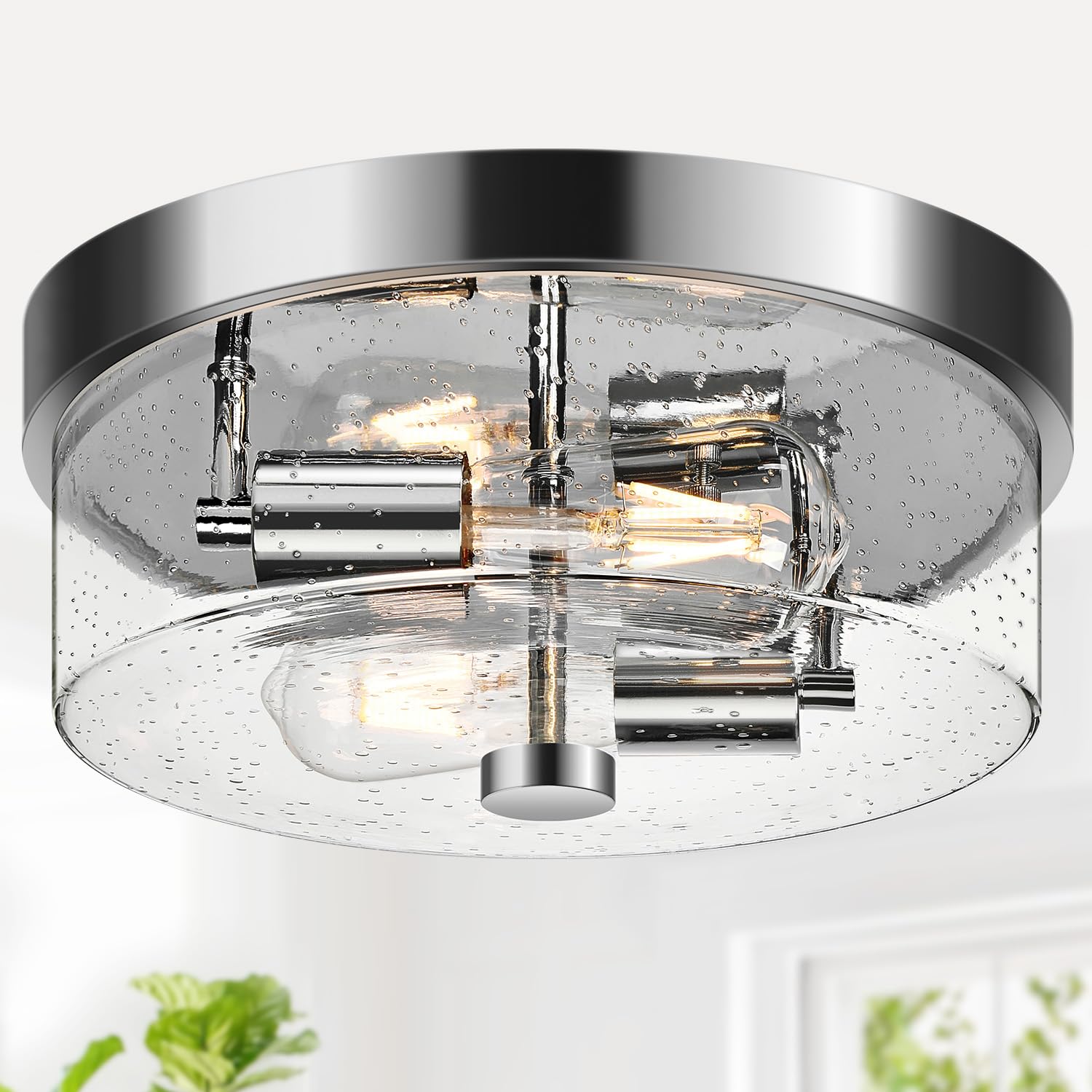 Flush Mount Ceiling Light Fixtures, 2-Light Chrome Ceiling Mount for Farmhouse with Seeded Glass Lampshade, Industrial Hall Flus