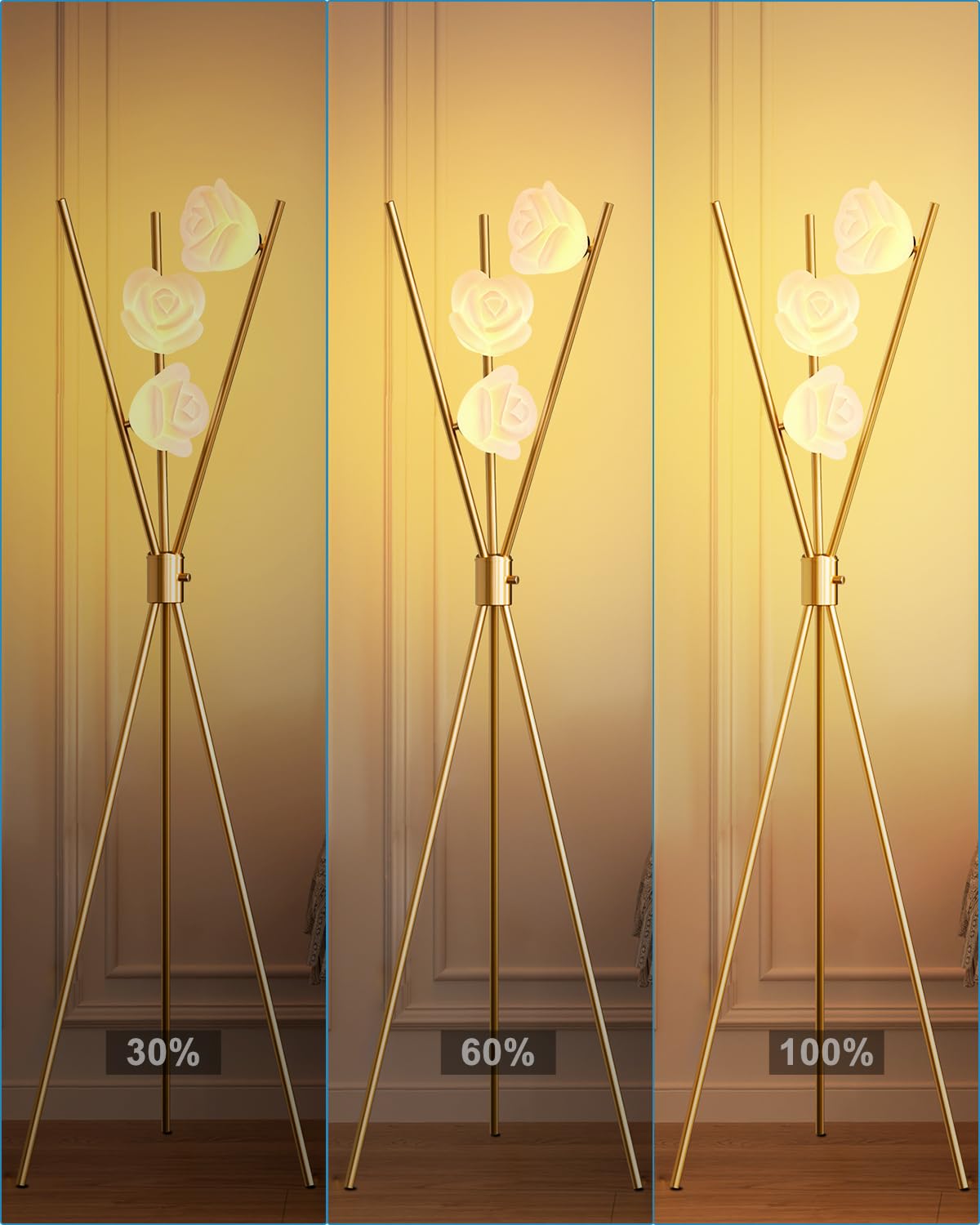 Lightdot Dimmable Tripod Floor Lamp Gold Art Deco Floor Lamp With 3-Flower Lampshade 3Pcs Bulbs Included & Stable Base Tripod St